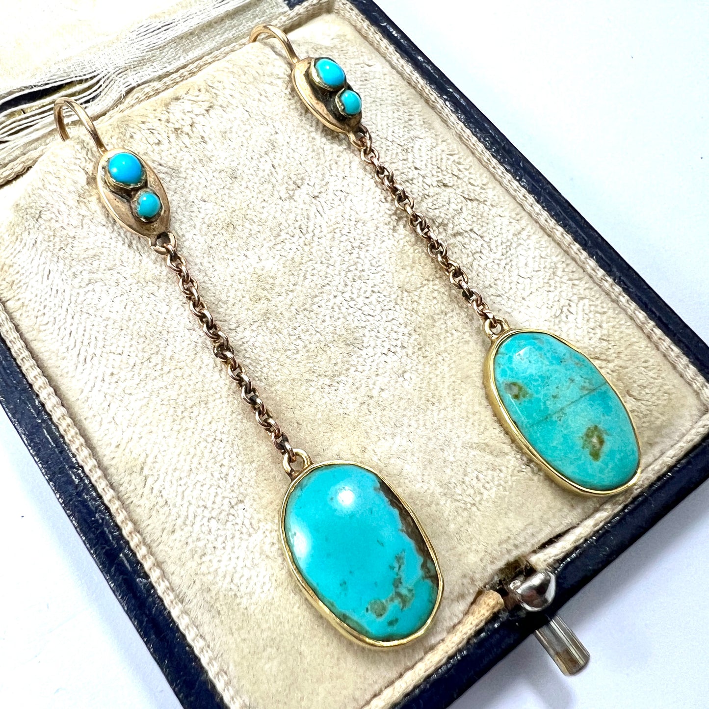 Edwardian Art Nouveau Turquoise 9CT Gold Chain Drop Earrings