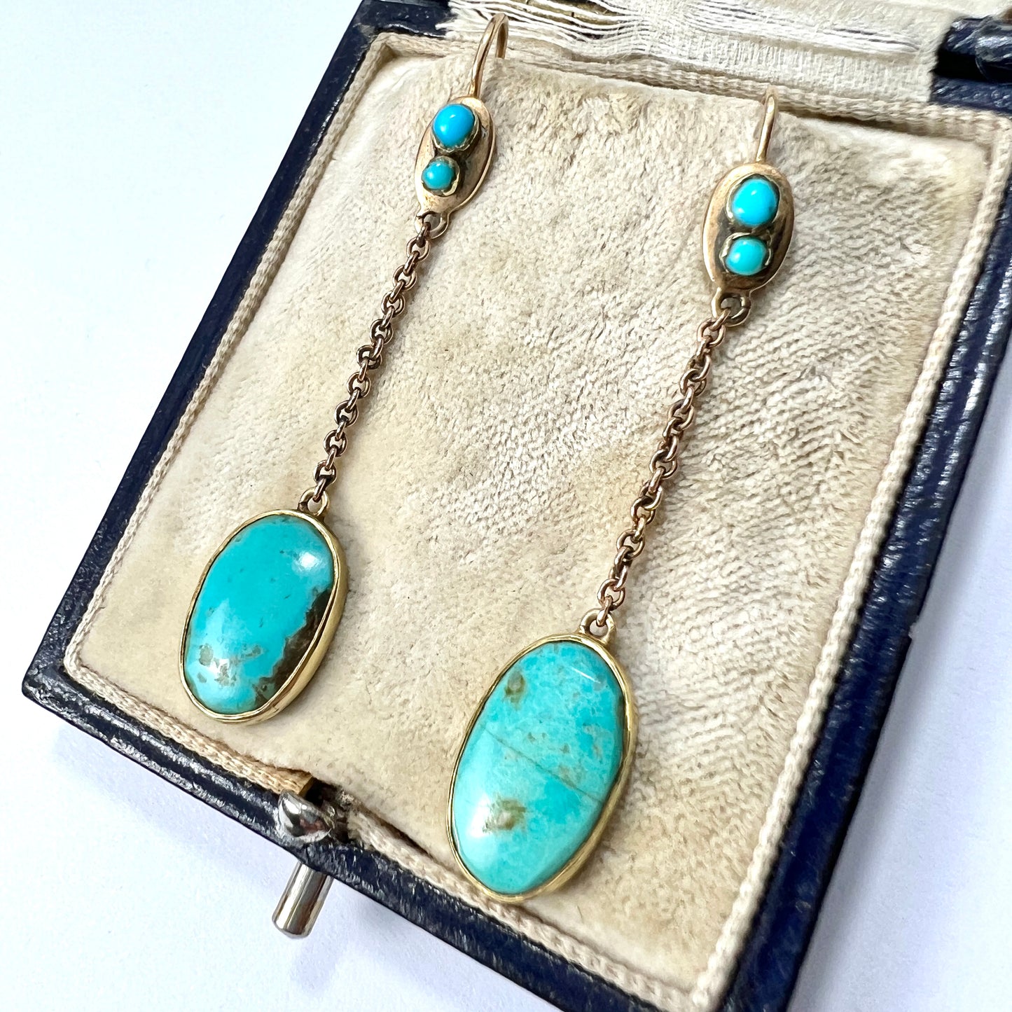Edwardian Art Nouveau Turquoise 9CT Gold Chain Drop Earrings