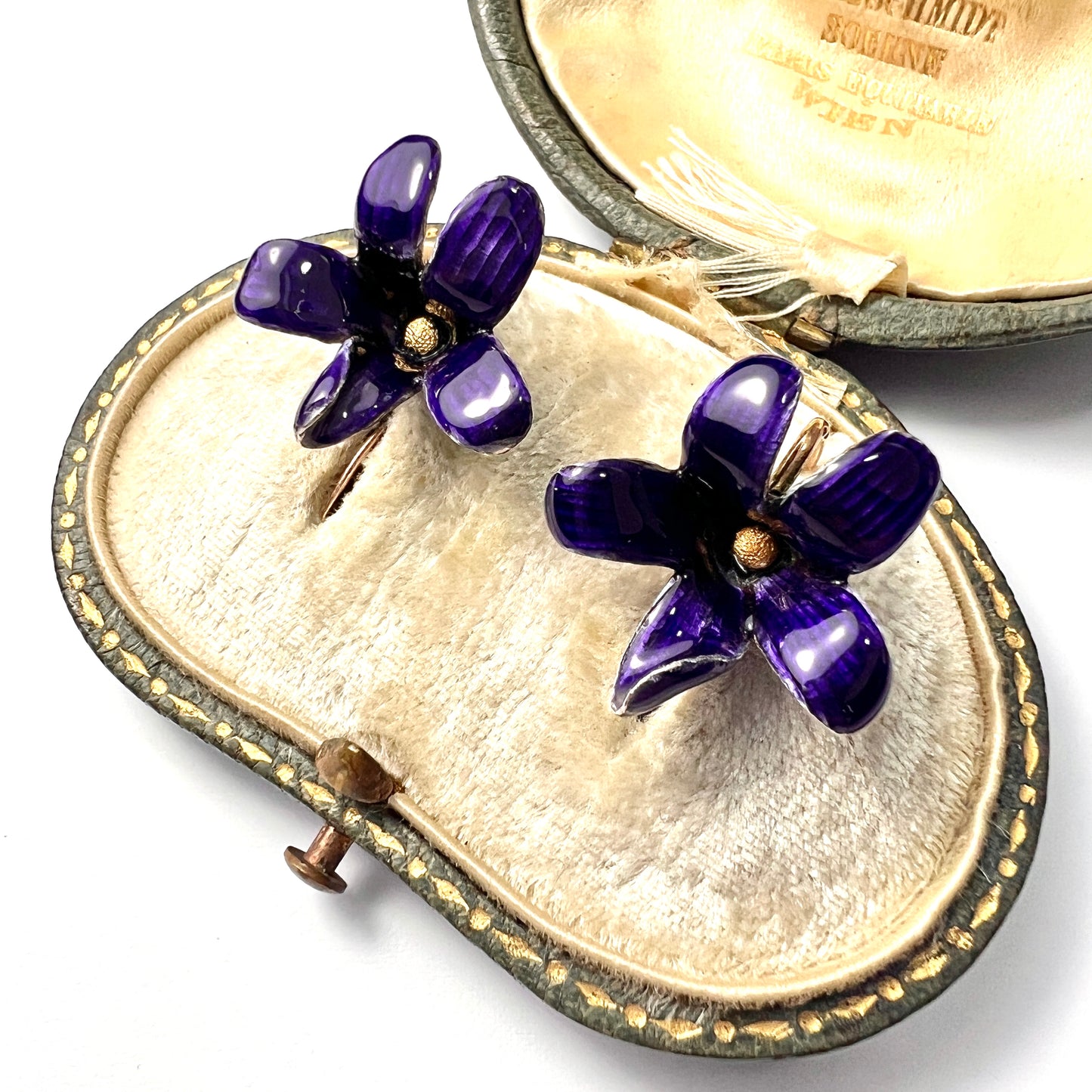 Rare French Art Nouveau 18CT Gold Violet Enamel Earrings