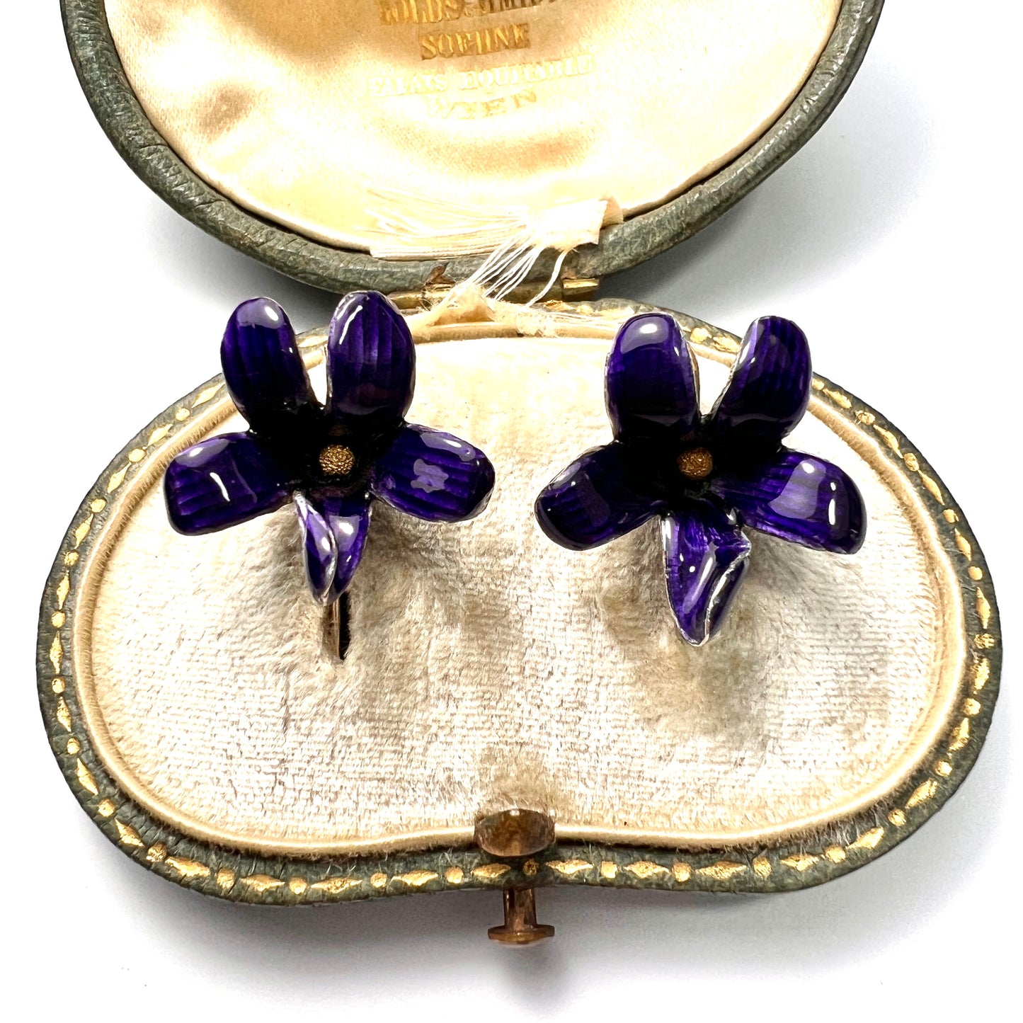 Rare French Art Nouveau 18CT Gold Violet Enamel Earrings