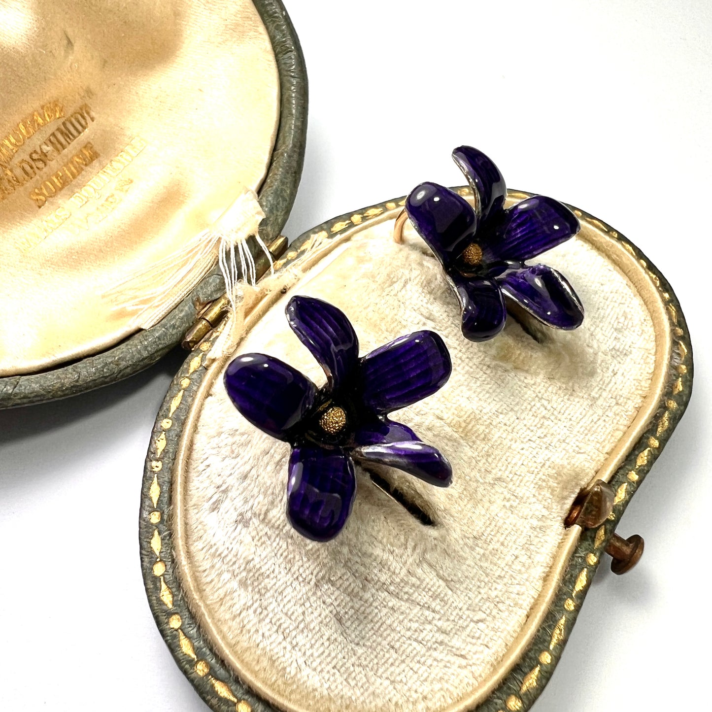 Rare French Art Nouveau 18CT Gold Violet Enamel Earrings