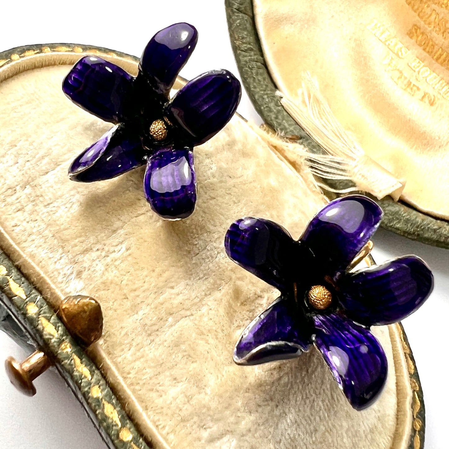 Rare French Art Nouveau 18CT Gold Violet Enamel Earrings