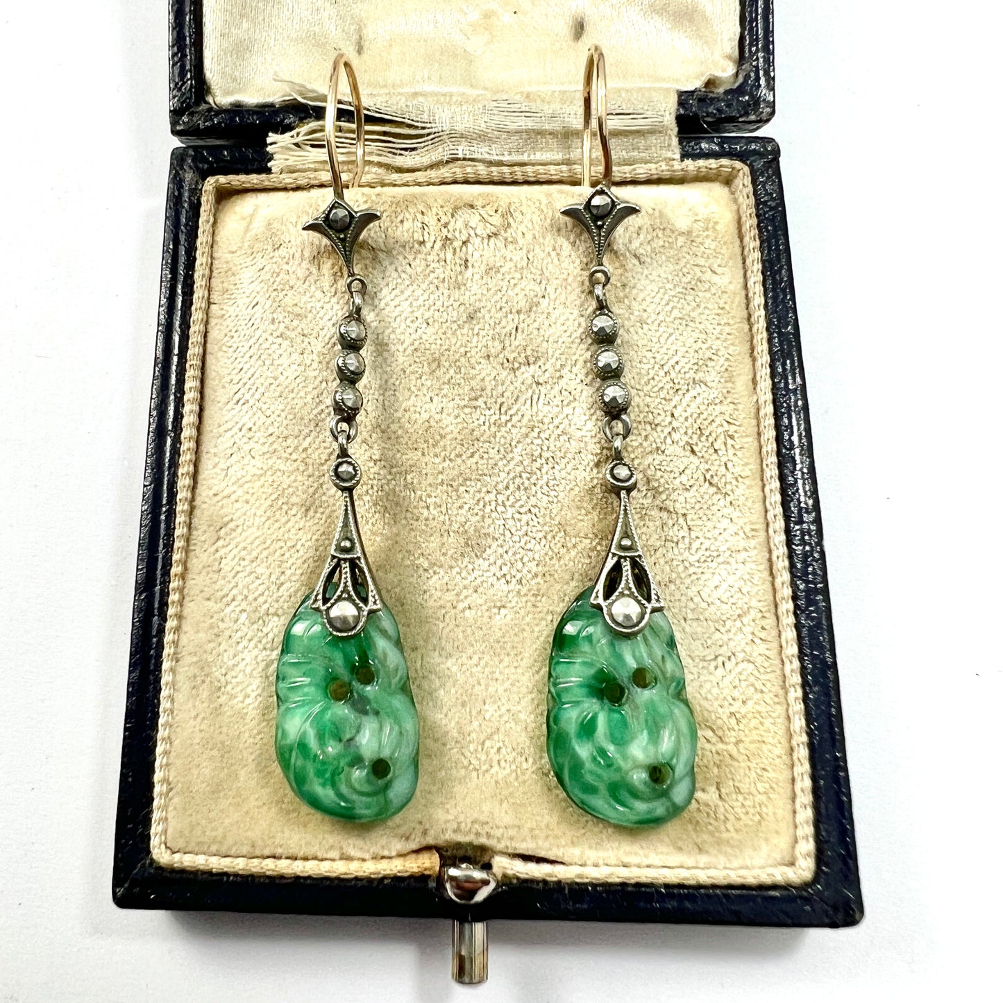 Edwardian 9CT Gold Silver Jade and Marcasite Drop Earrings