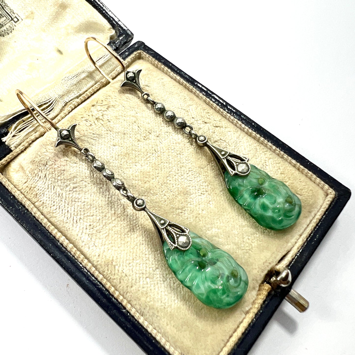 Edwardian 9CT Gold Silver Jade and Marcasite Drop Earrings