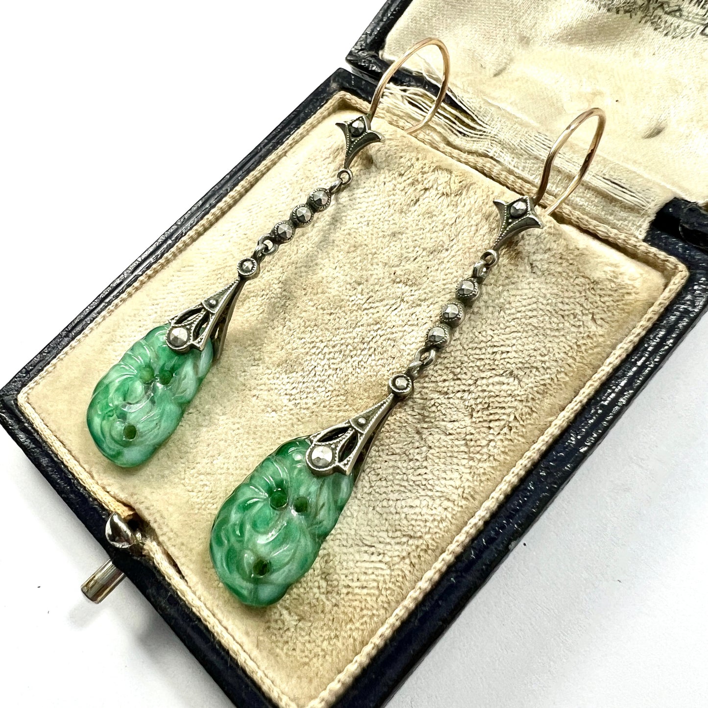 Edwardian 9CT Gold Silver Jade and Marcasite Drop Earrings