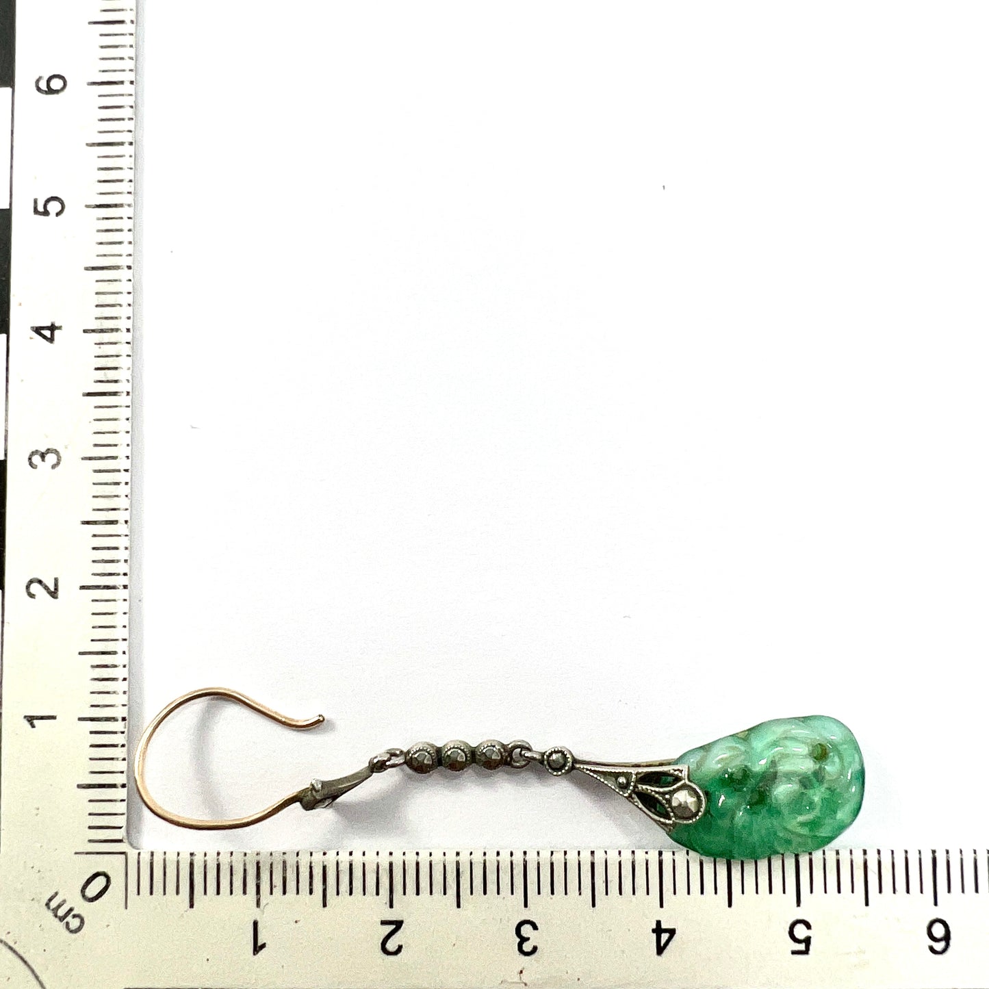 Edwardian 9CT Gold Silver Jade and Marcasite Drop Earrings