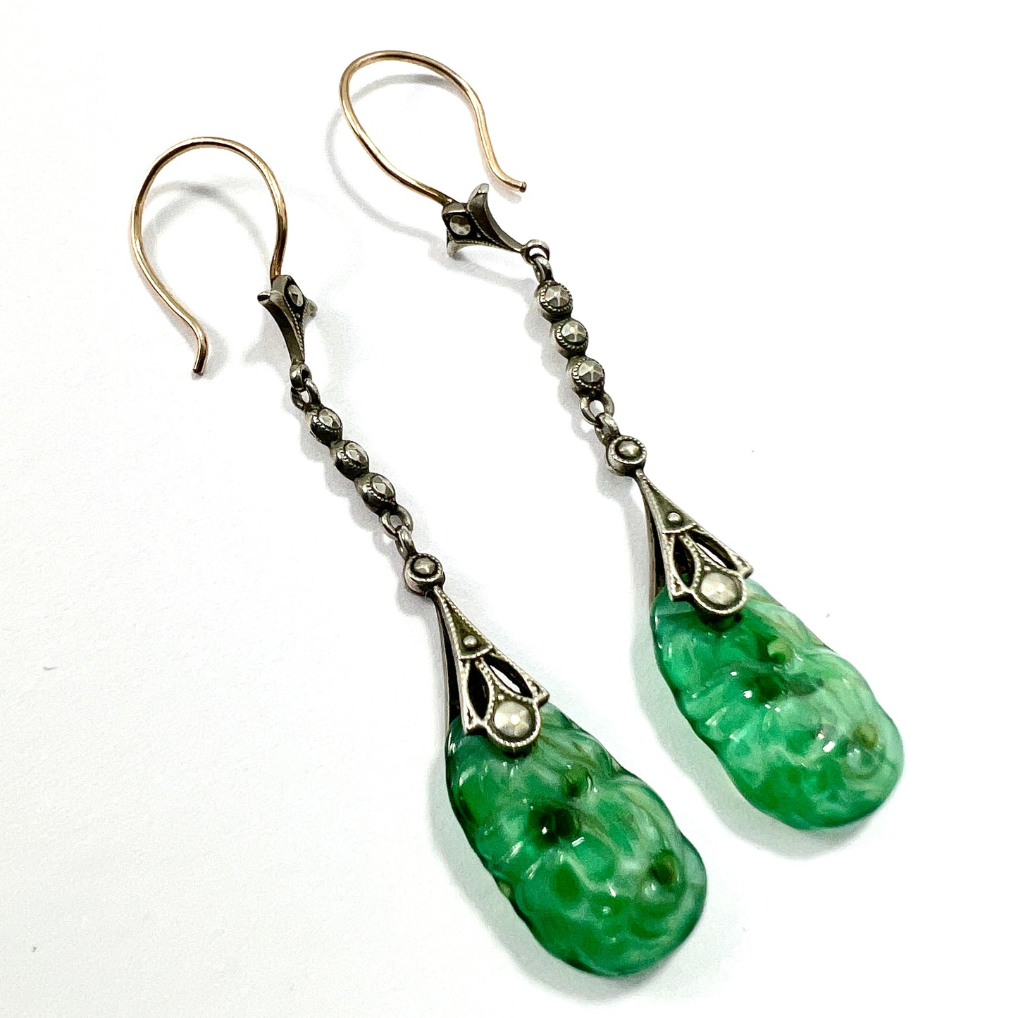 Edwardian 9CT Gold Silver Jade and Marcasite Drop Earrings