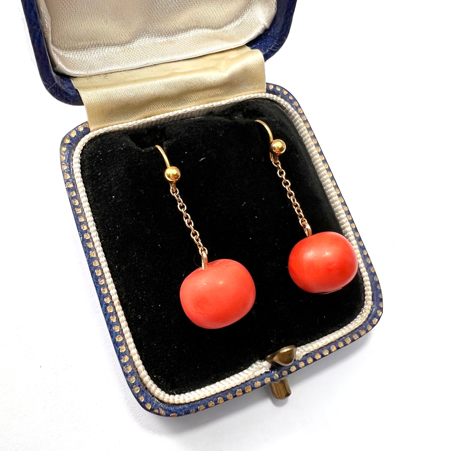 Antique Victorian 9CT Gold Chain Drop Coral Earrings