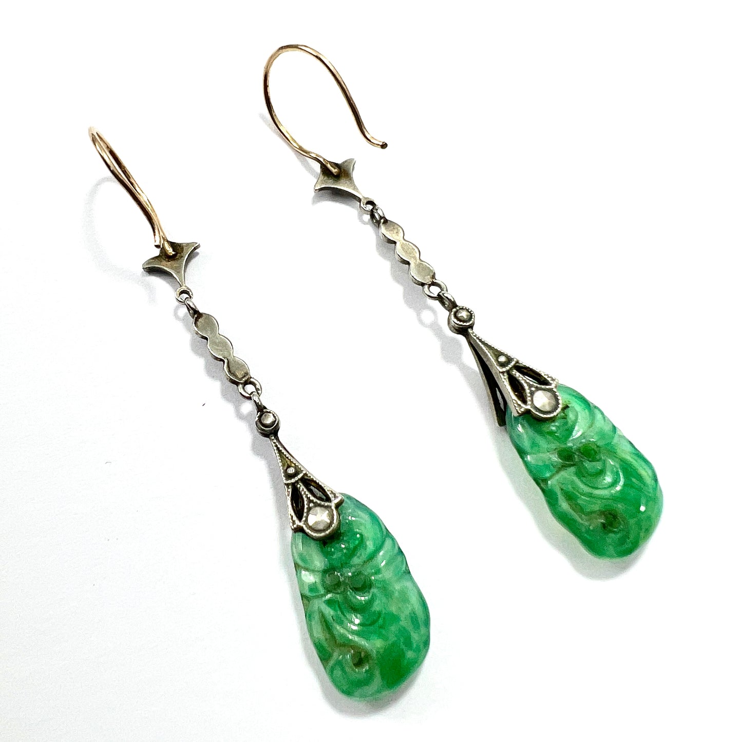 Edwardian 9CT Gold Silver Jade and Marcasite Drop Earrings