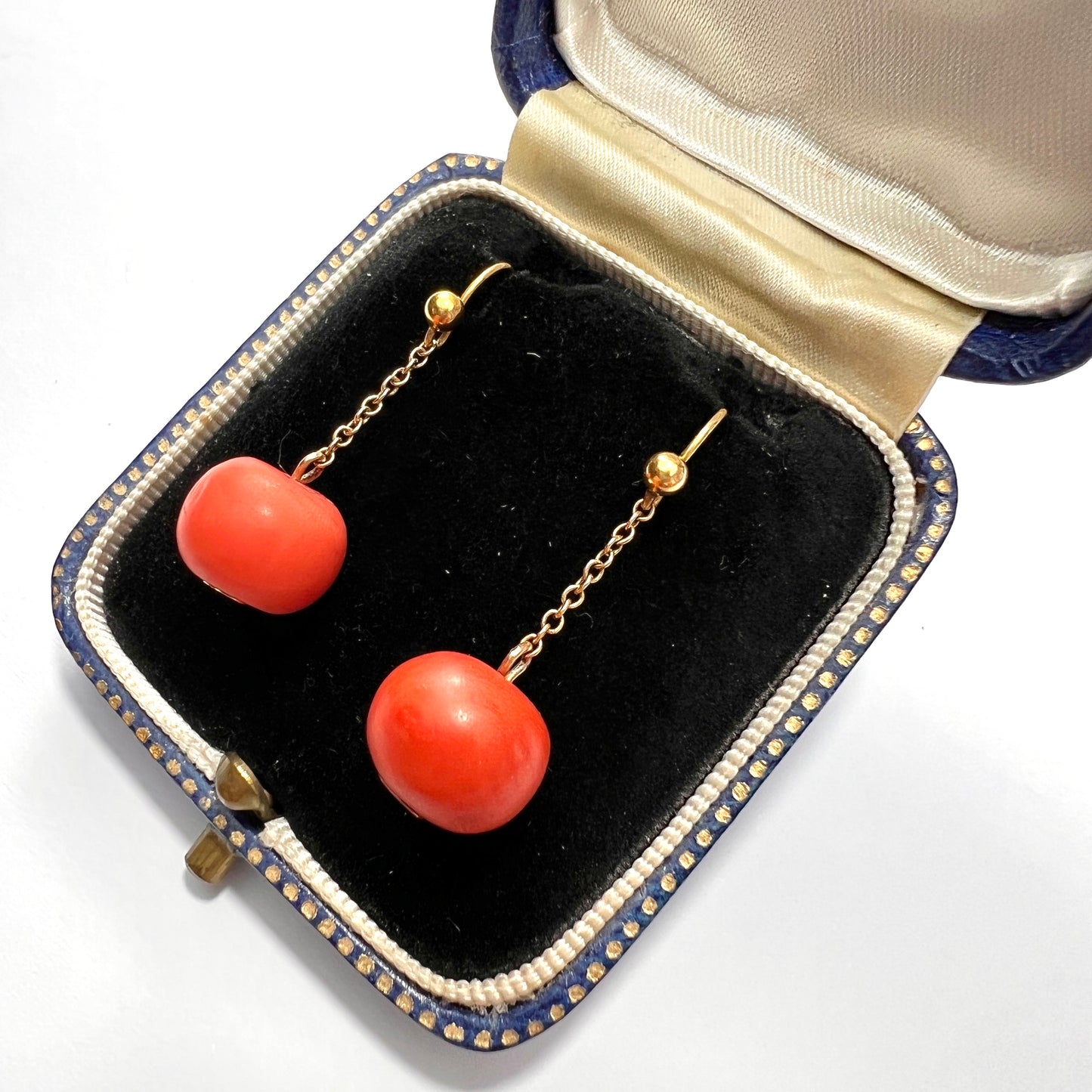Antique Victorian 9CT Gold Chain Drop Coral Earrings