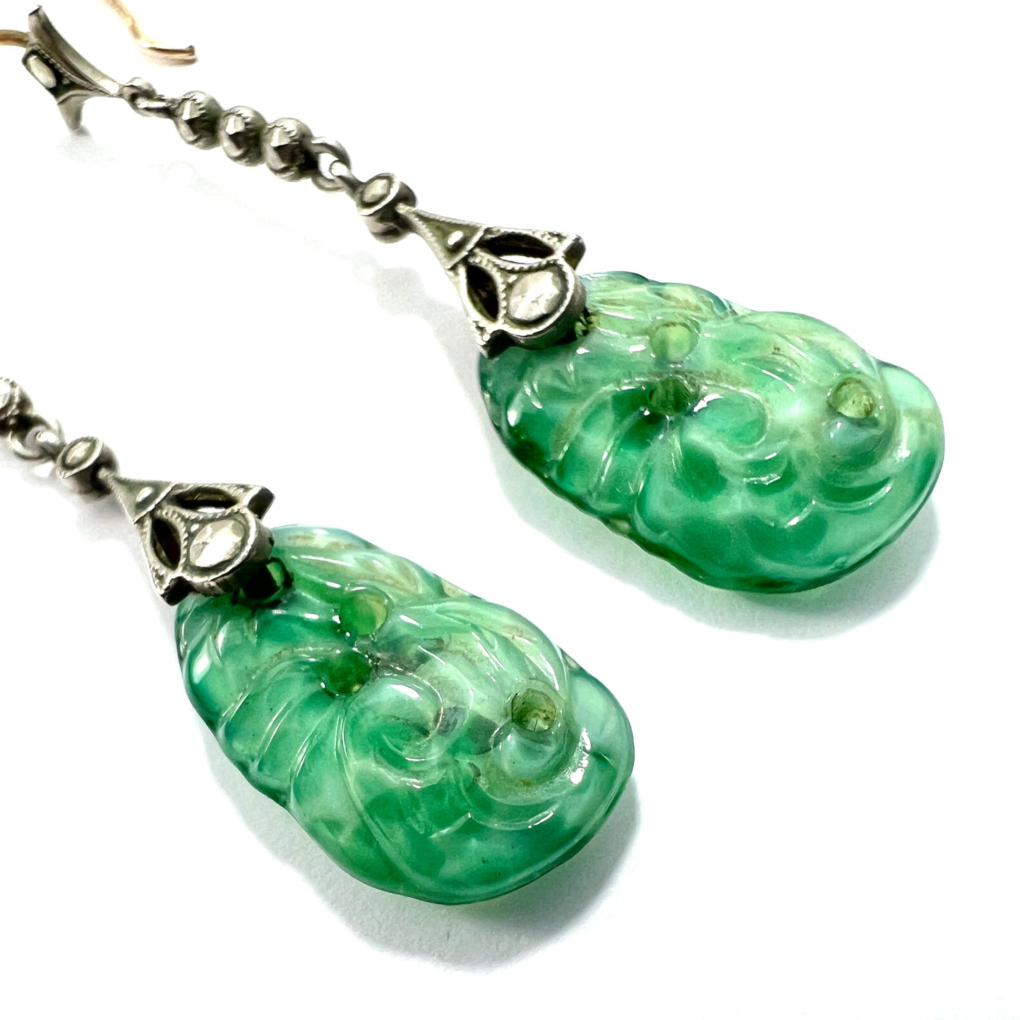 Edwardian 9CT Gold Silver Jade and Marcasite Drop Earrings