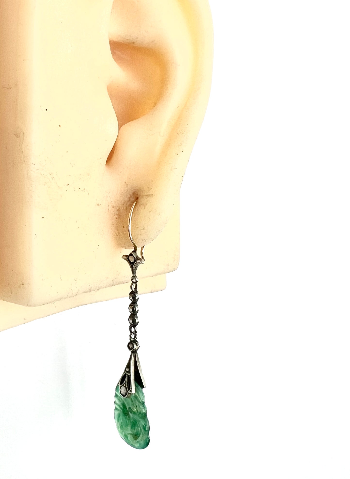 Edwardian 9CT Gold Silver Jade and Marcasite Drop Earrings