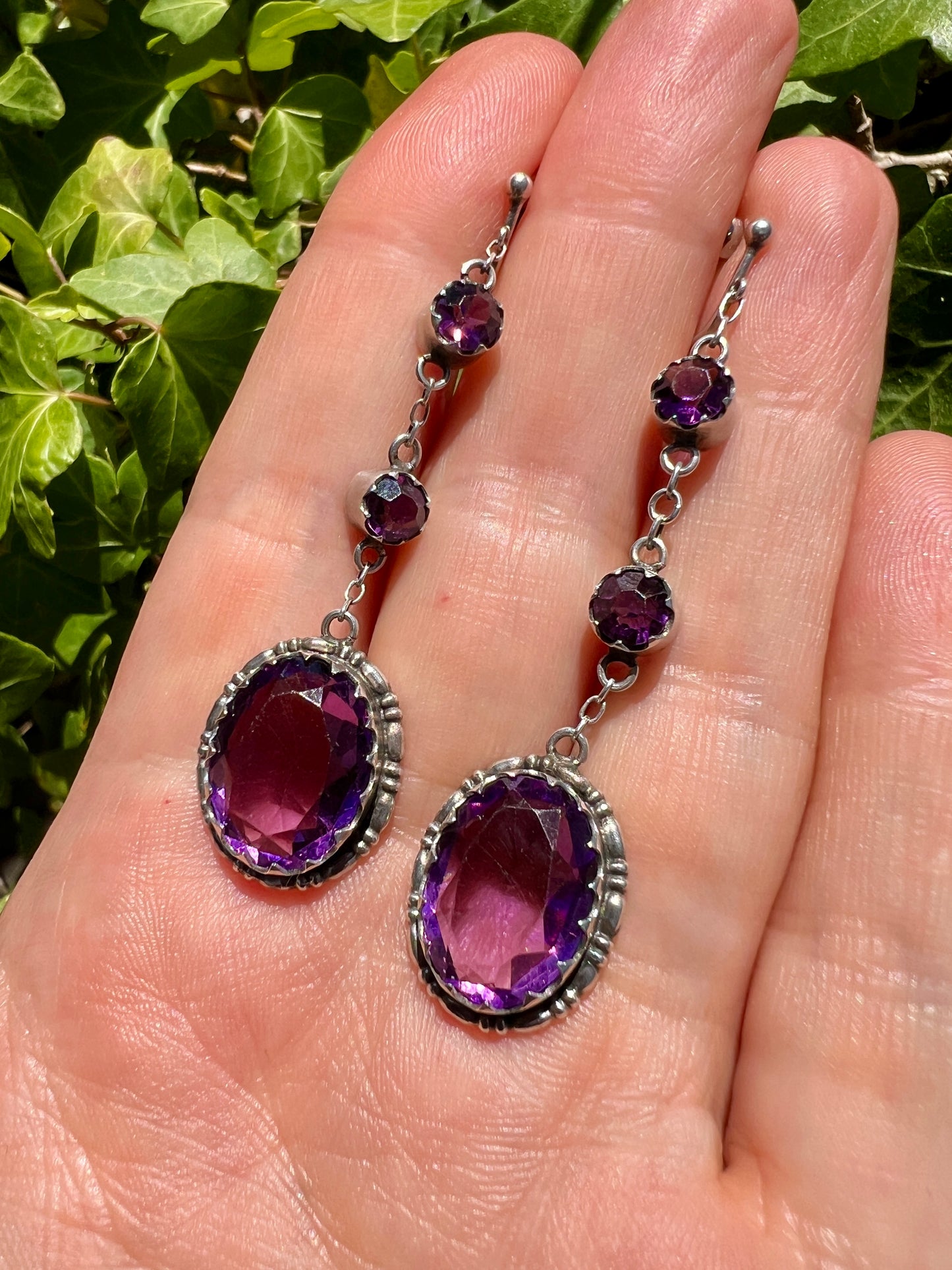 Art Deco Amethyst Paste Silver Screwback Earrings