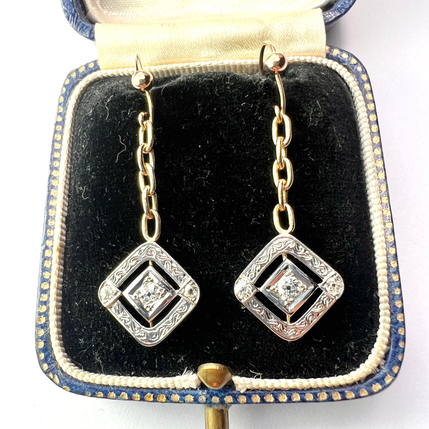 Edwardian Style Diamond Earrings in White and Yellow Gold
