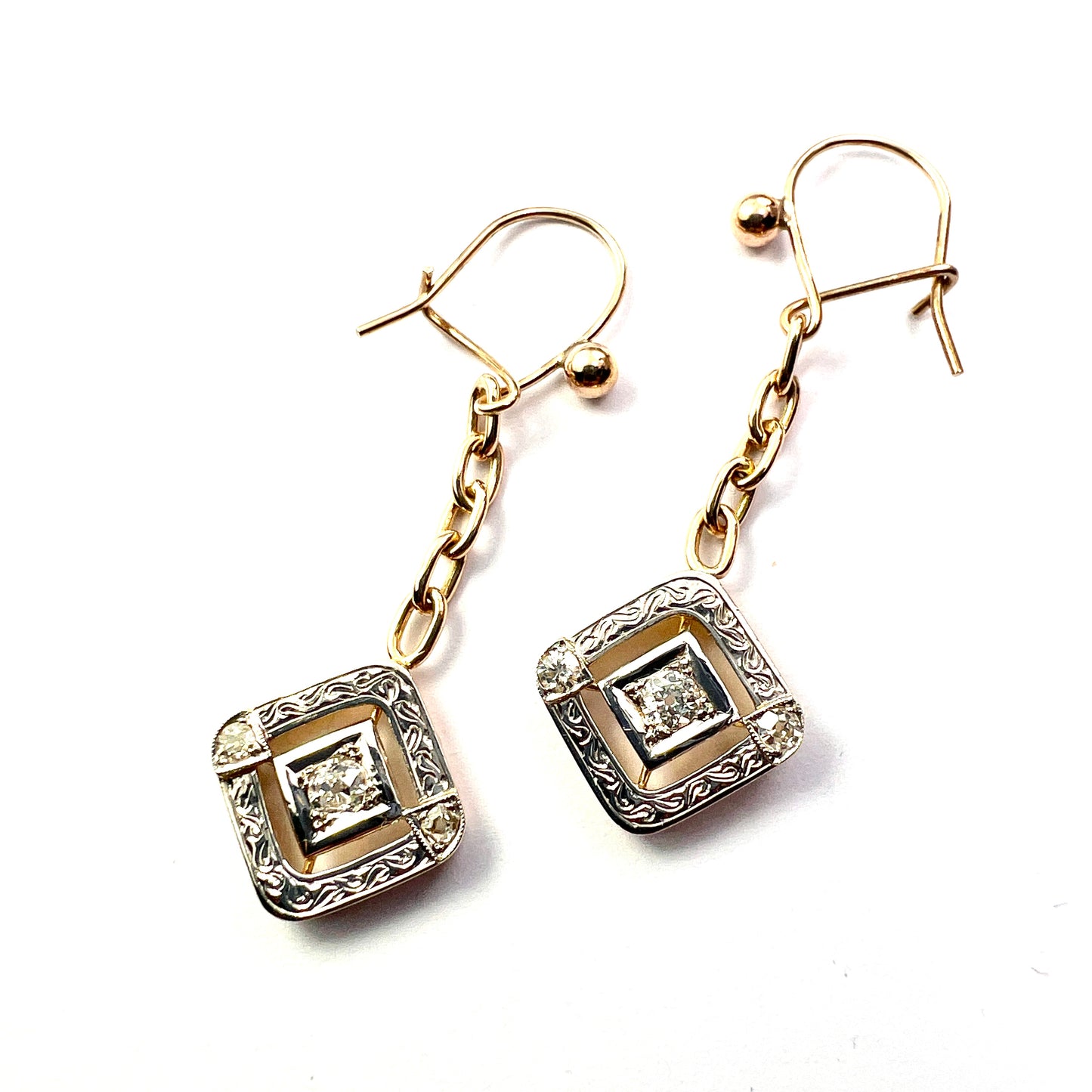 Edwardian Style Diamond Earrings in White and Yellow Gold