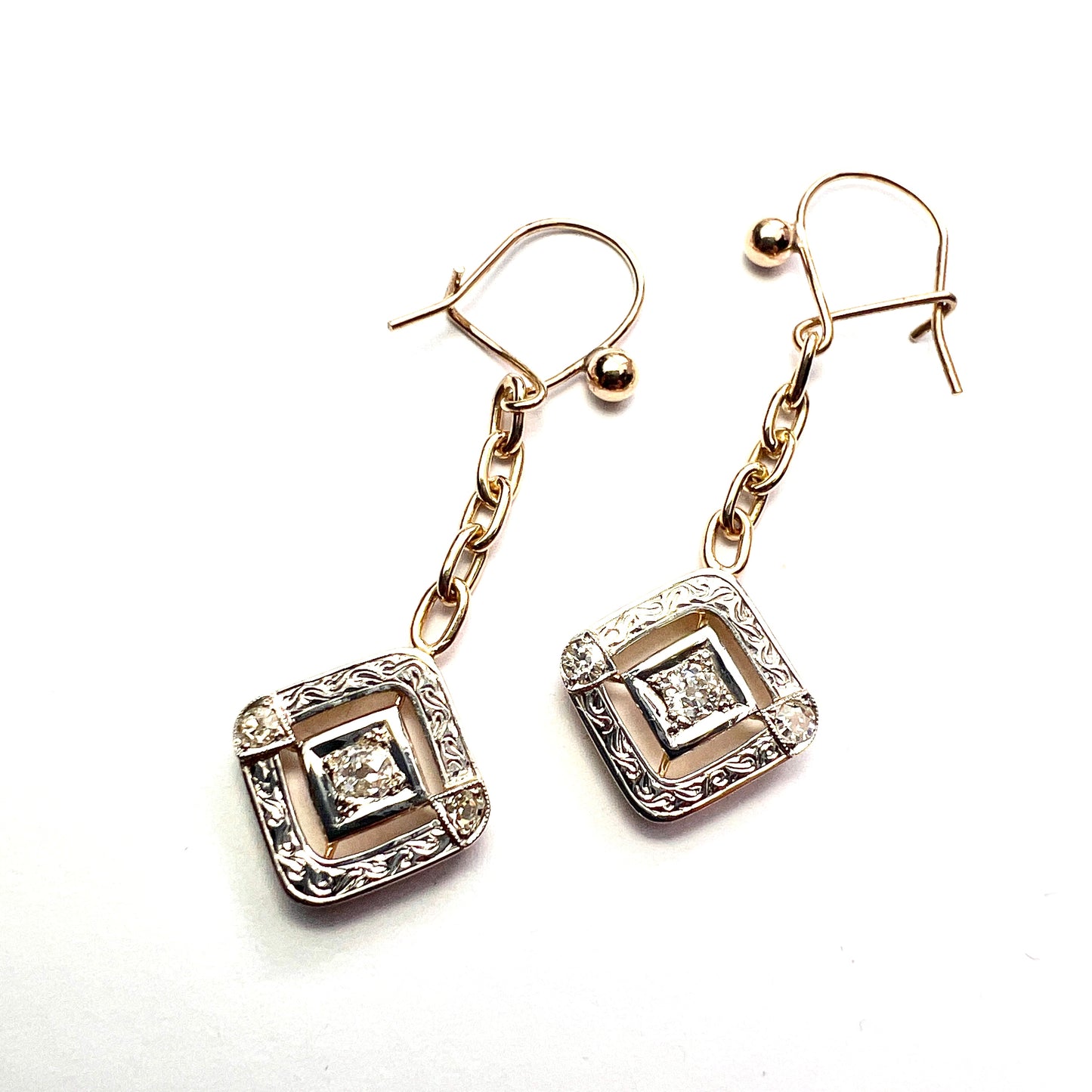 Edwardian Style Diamond Earrings in White and Yellow Gold