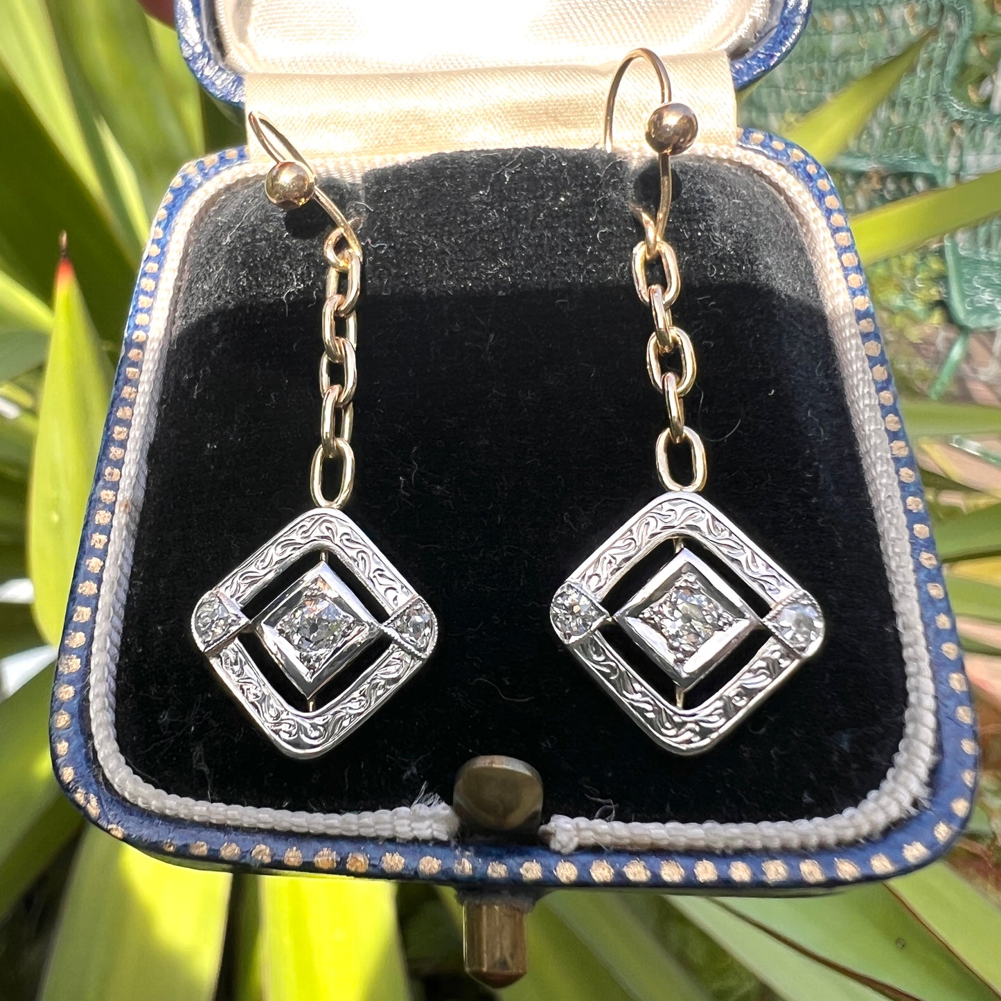 Edwardian Style Diamond Earrings in White and Yellow Gold