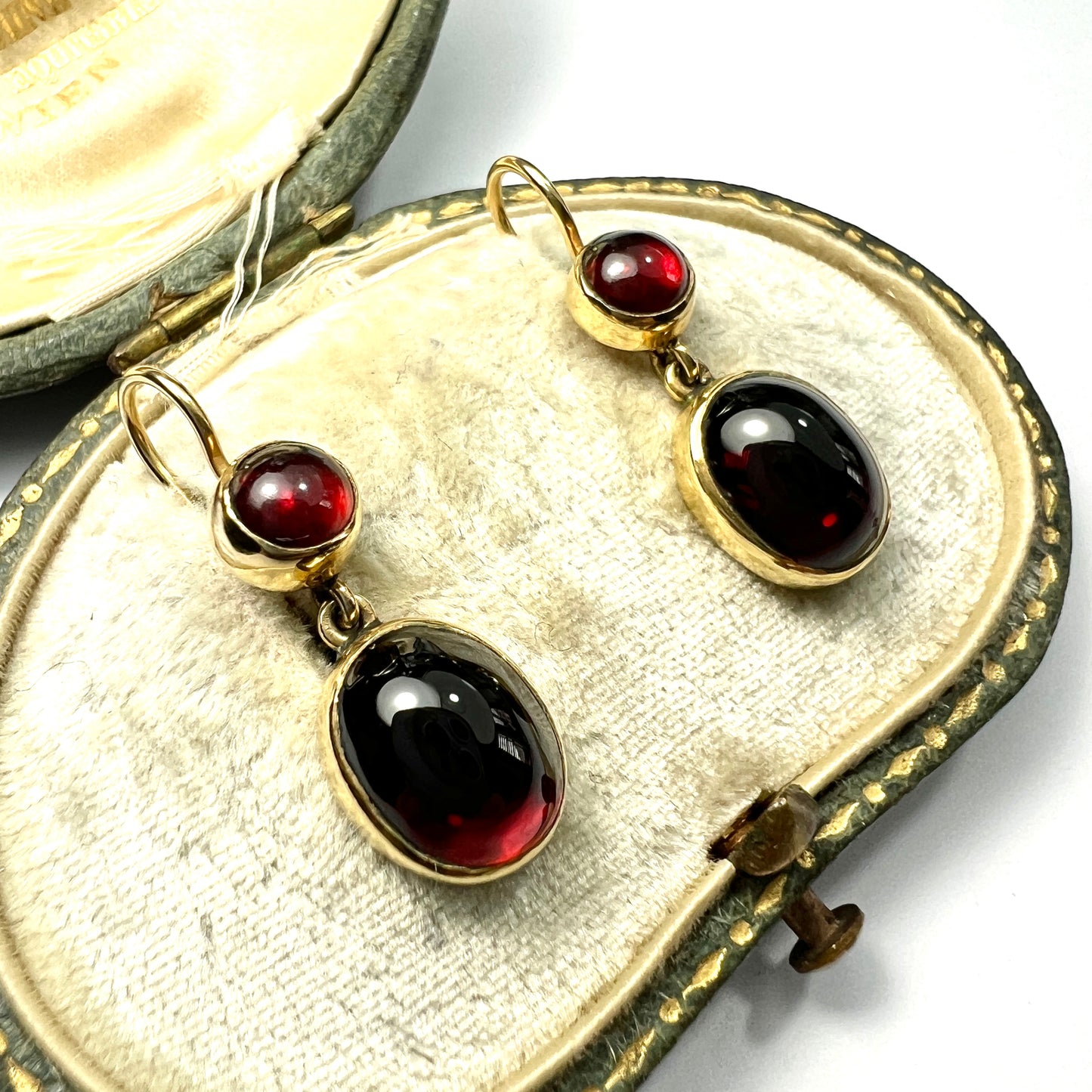 Victorian 9CT Gold Garnet Double Drop Earrings