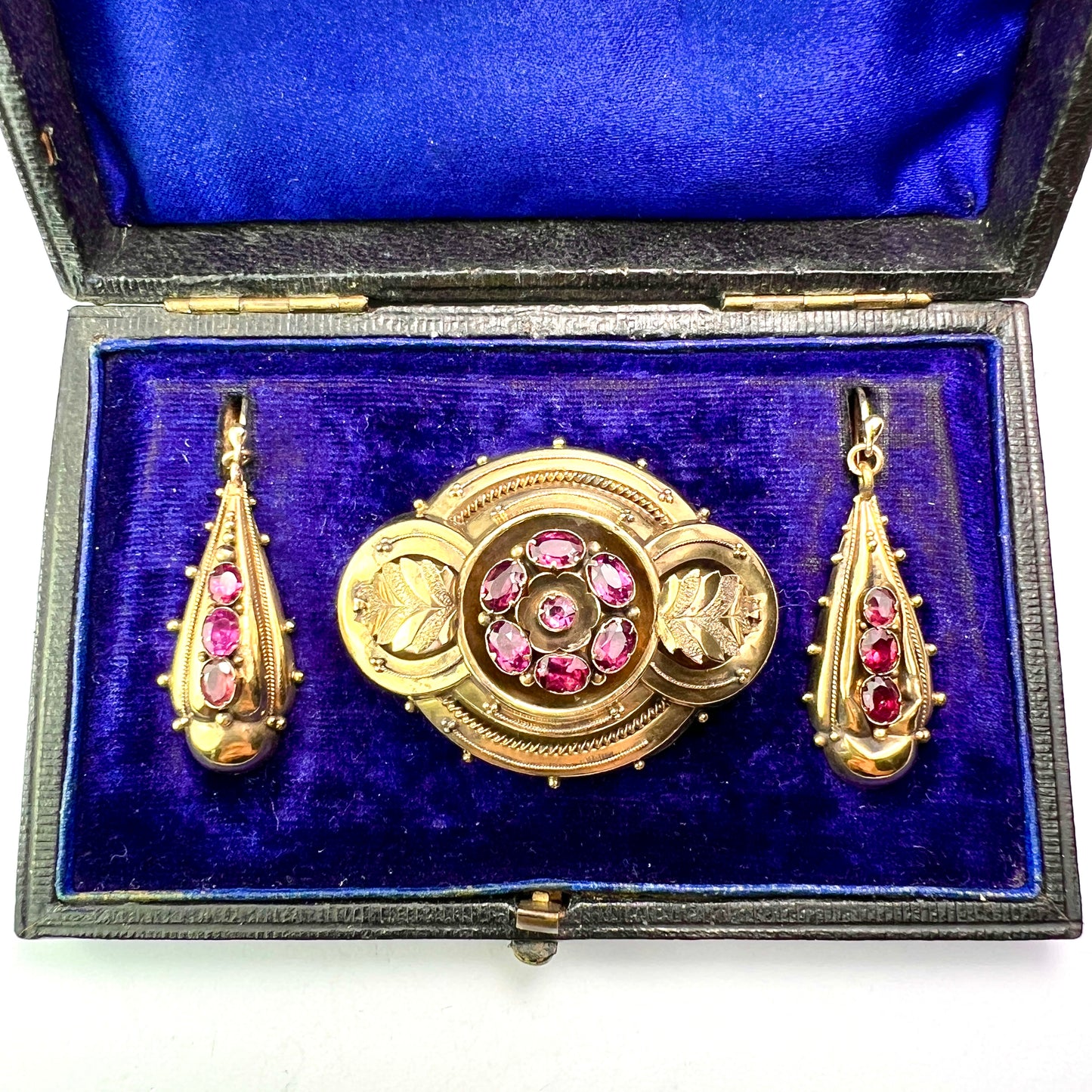Boxed Victorian Amethyst Demi Parure Earrings and Brooch