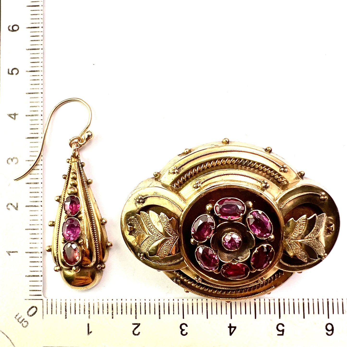 Boxed Victorian Amethyst Demi Parure Earrings and Brooch