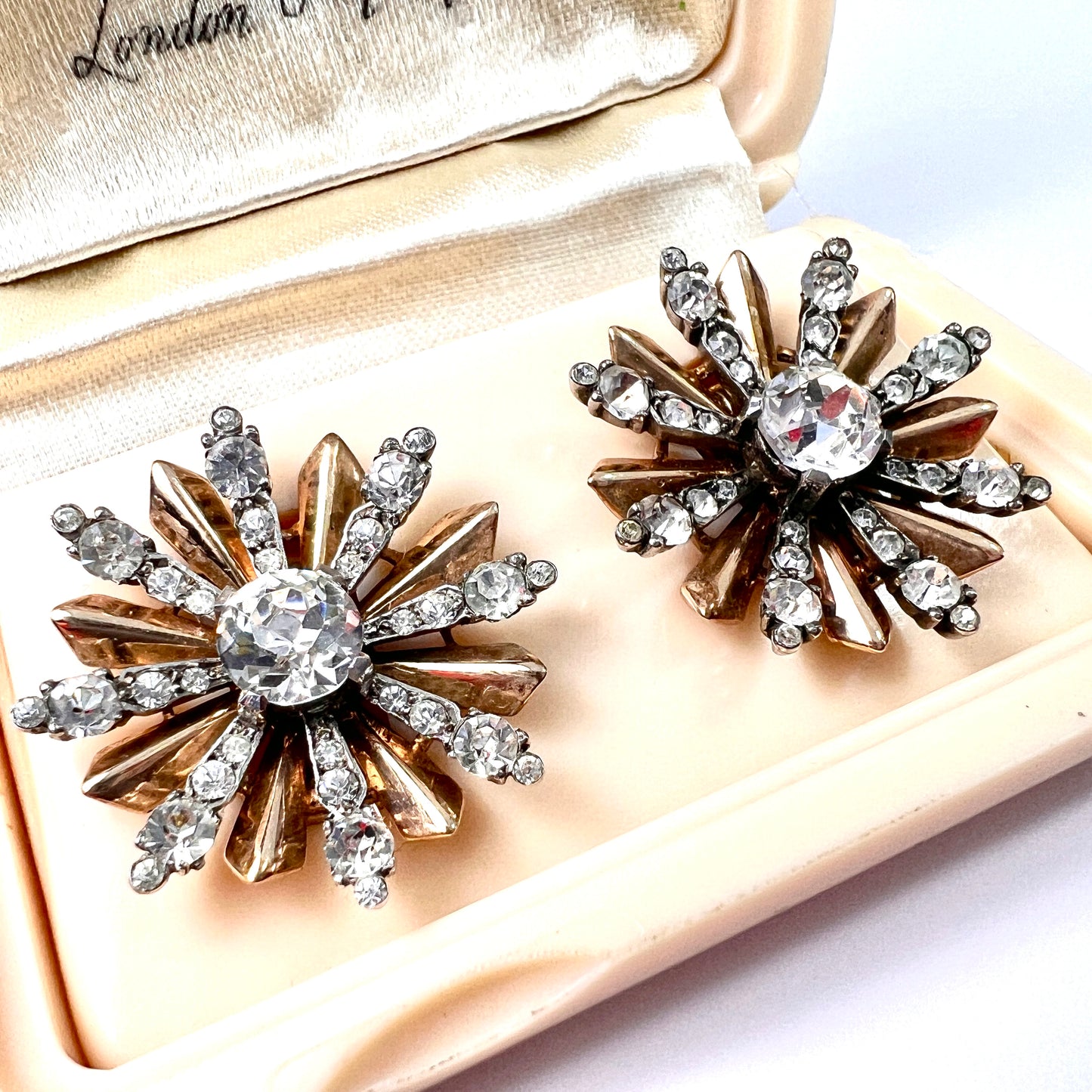 Vintage Sterling Silver and Gold Ciro Sunburst Ear Clips in Original Box