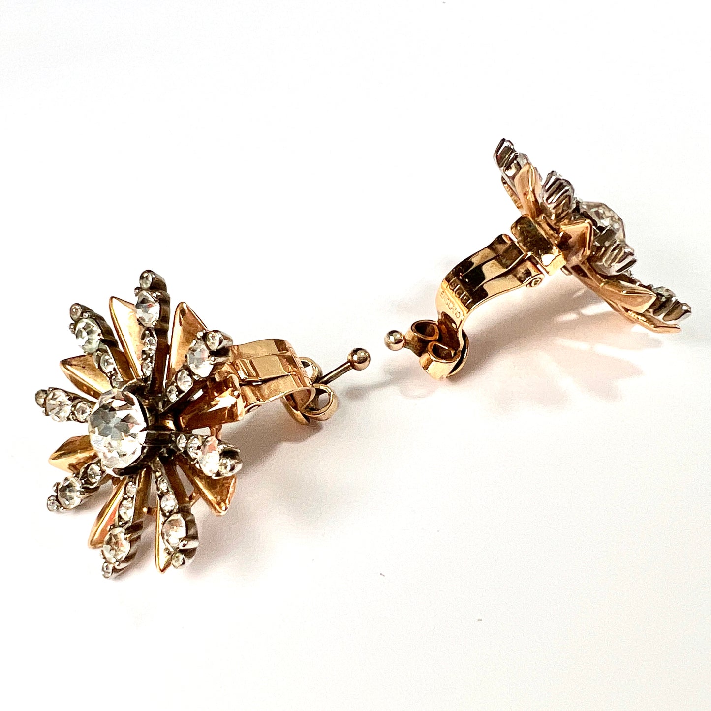 Vintage Sterling Silver and Gold Ciro Sunburst Ear Clips in Original Box