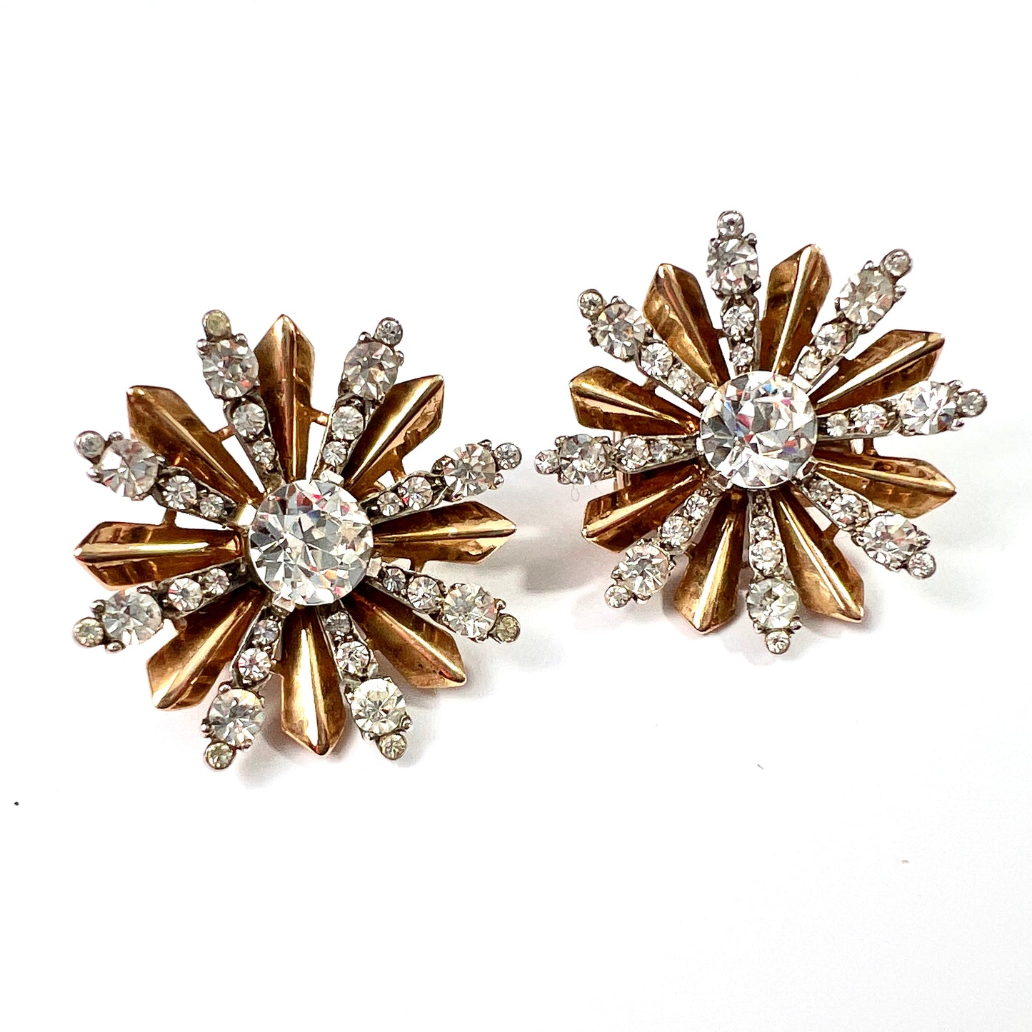 Vintage Sterling Silver and Gold Ciro Sunburst Ear Clips in Original Box