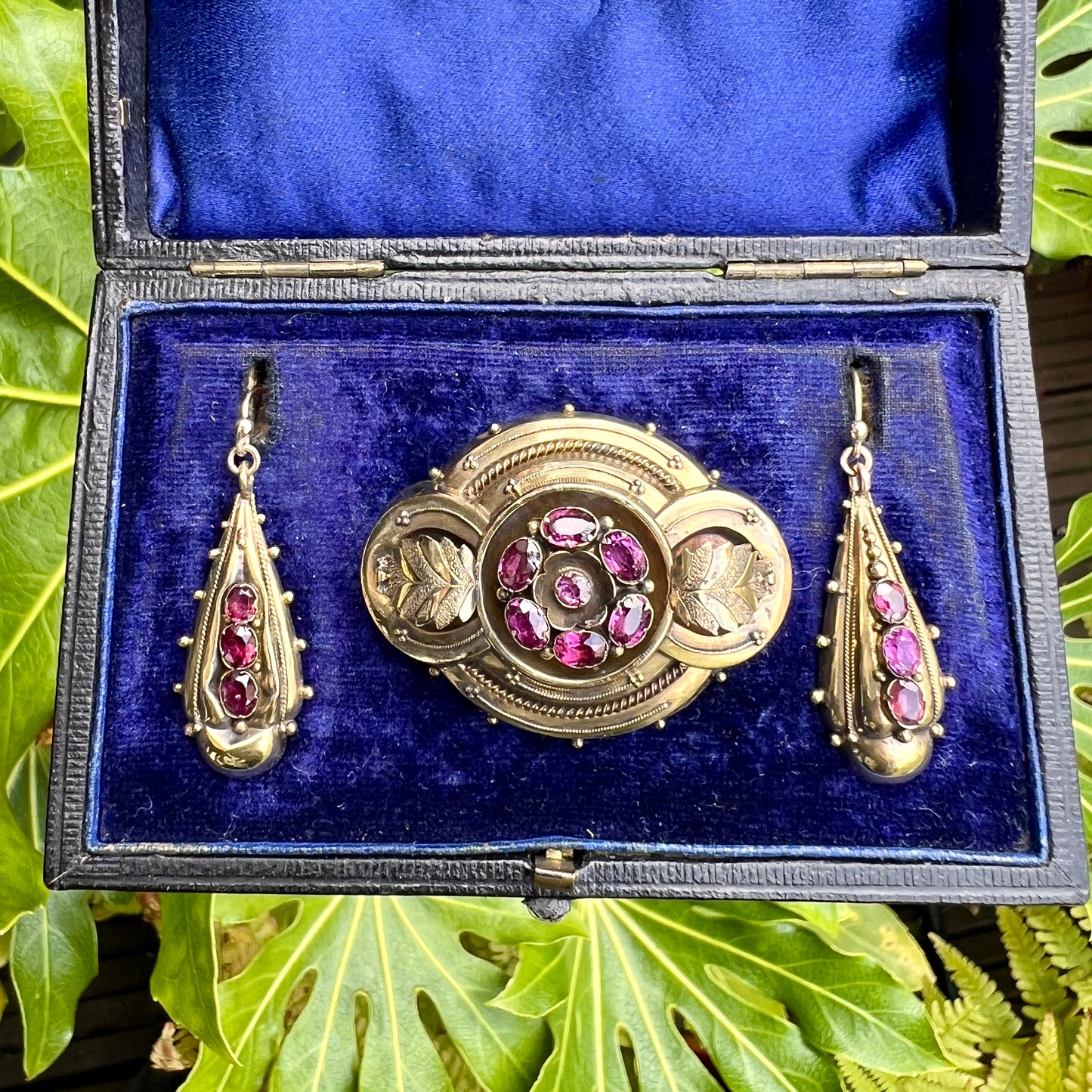 Boxed Victorian Amethyst Demi Parure Earrings and Brooch