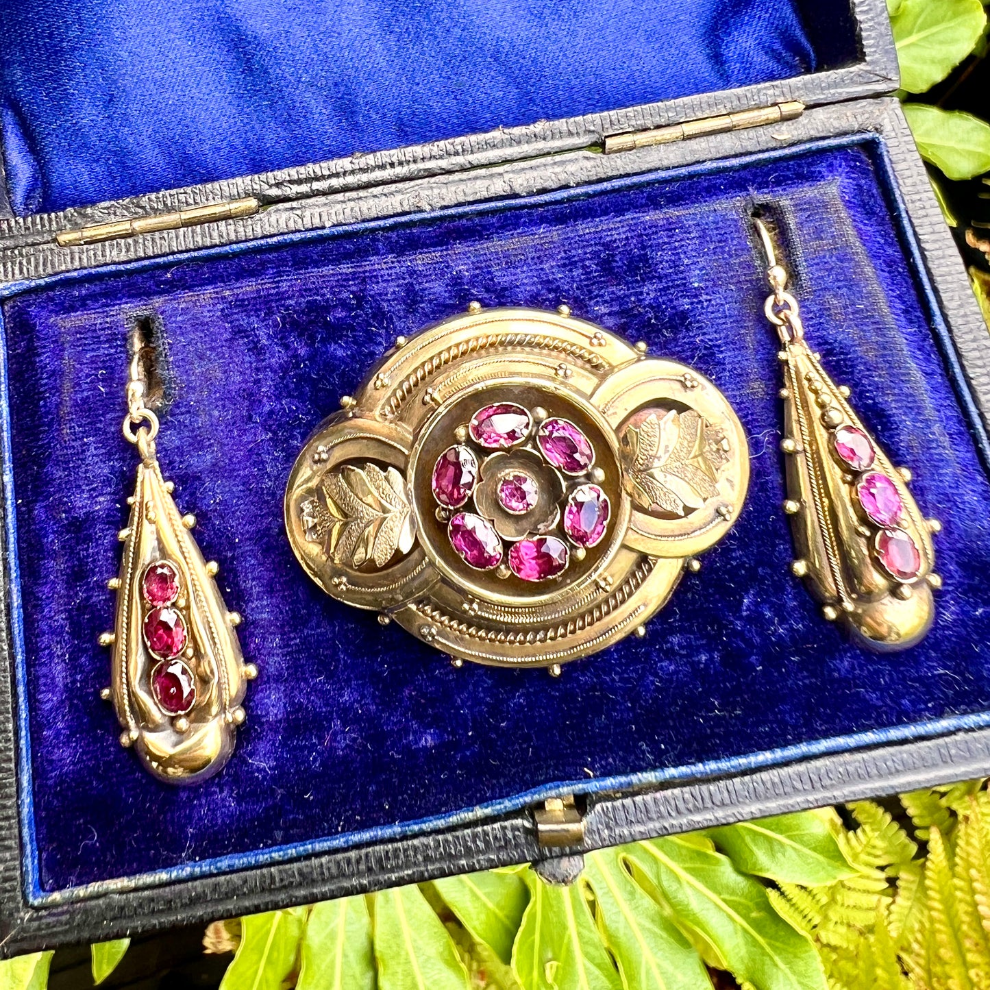 Boxed Victorian Amethyst Demi Parure Earrings and Brooch