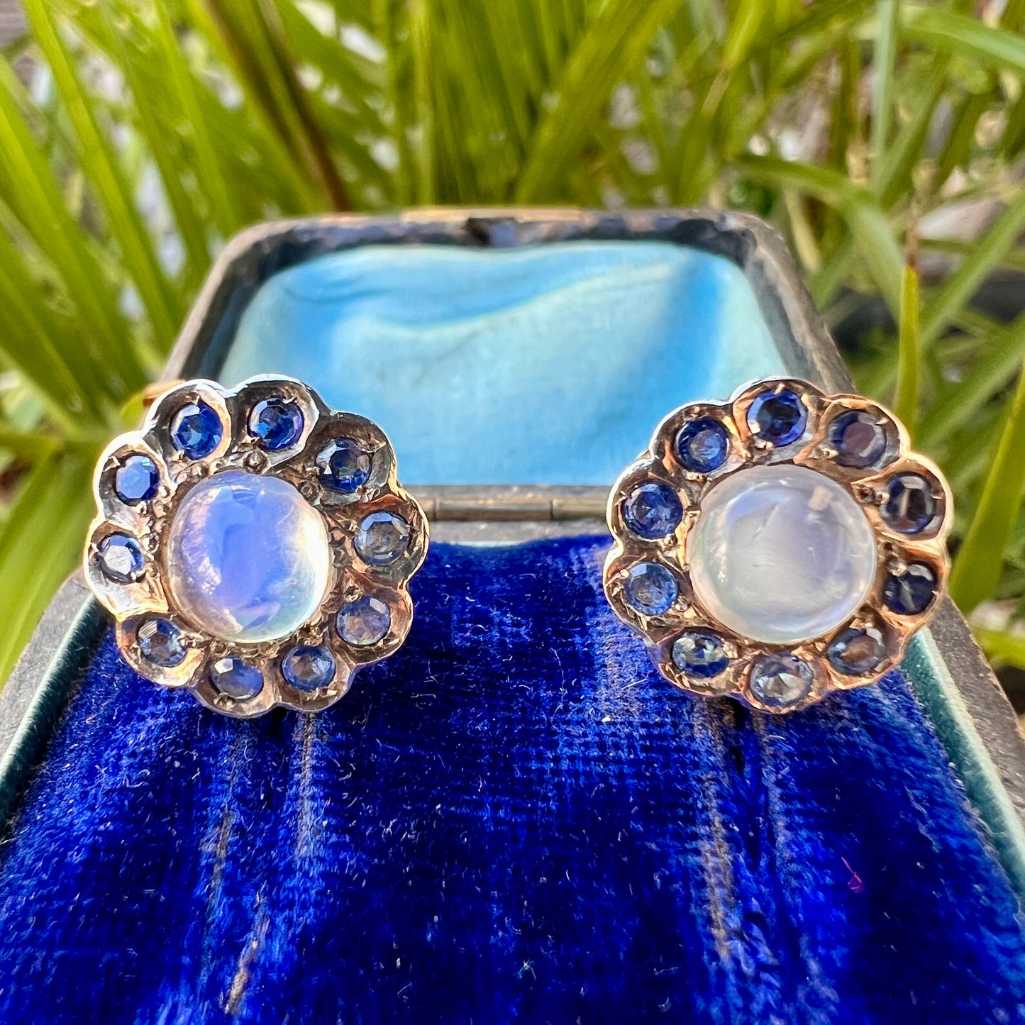 Vintage Moonstone and Sapphire Halo Gold Earrings