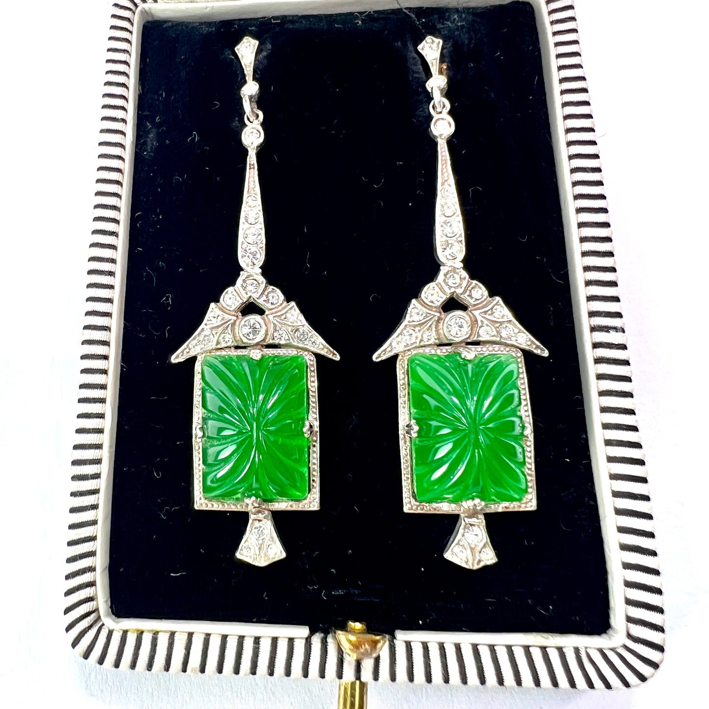 Art Deco 9CT Gold and Silver Green Pressed Glass Earrings