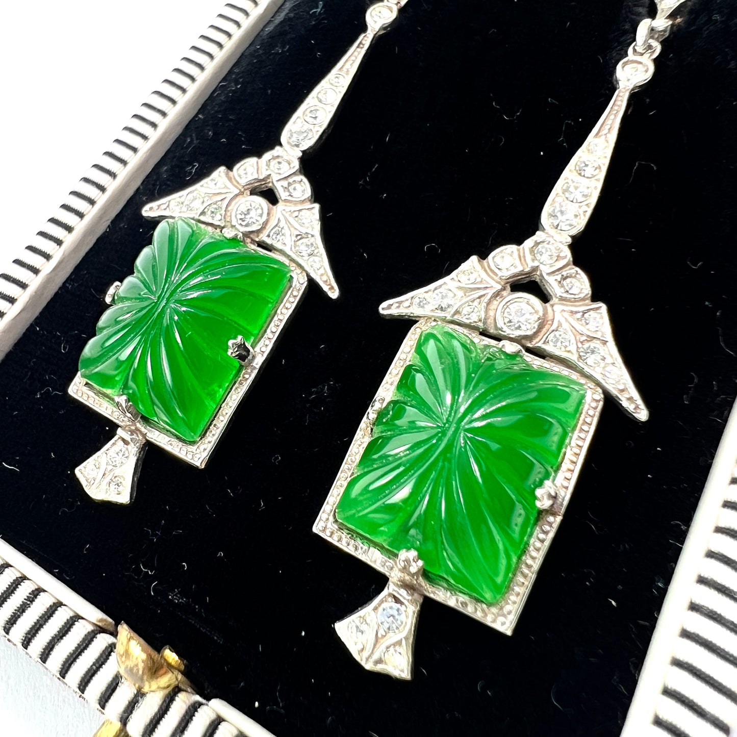 Art Deco 9CT Gold and Silver Green Pressed Glass Earrings