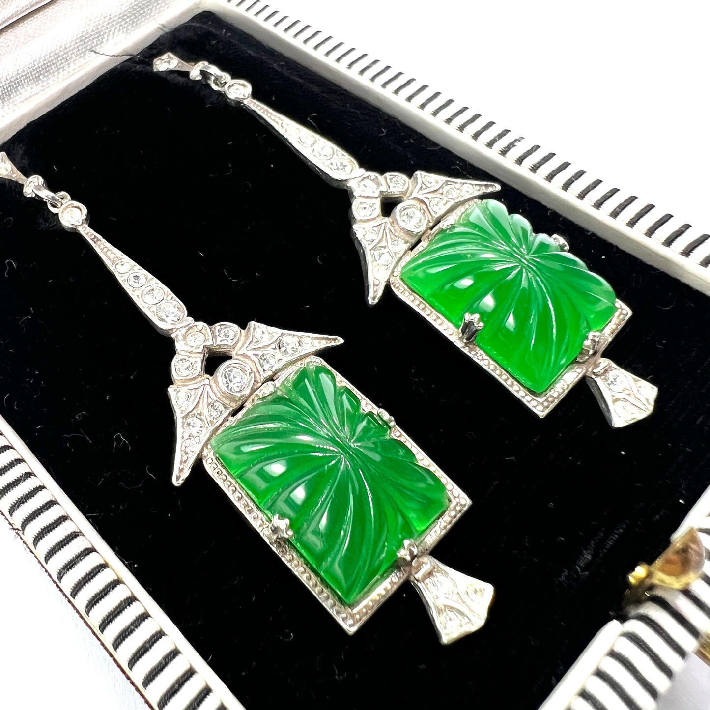 Art Deco 9CT Gold and Silver Green Pressed Glass Earrings