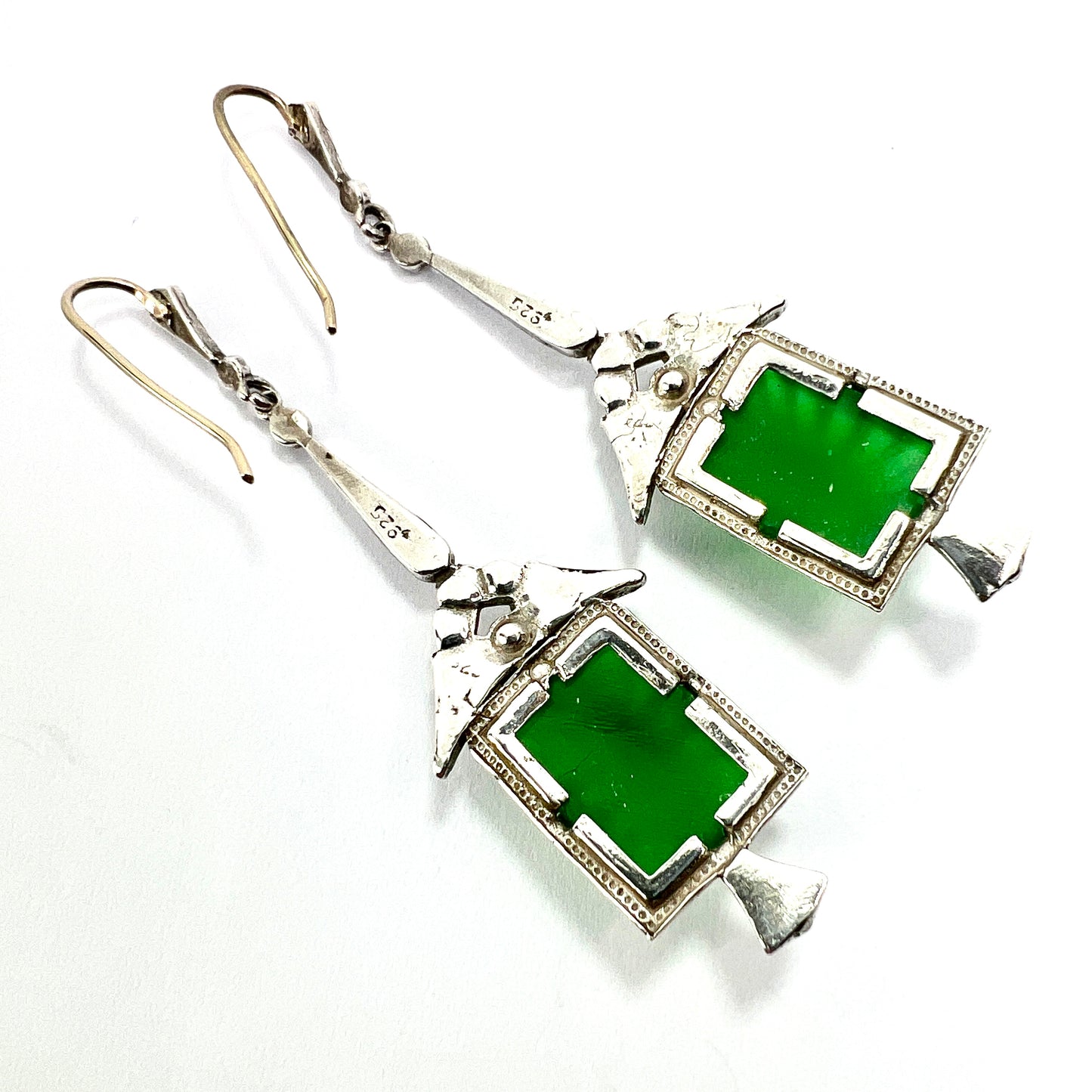 Art Deco 9CT Gold and Silver Green Pressed Glass Earrings