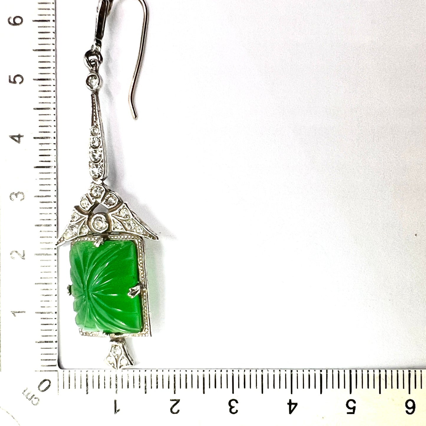 Art Deco 9CT Gold and Silver Green Pressed Glass Earrings