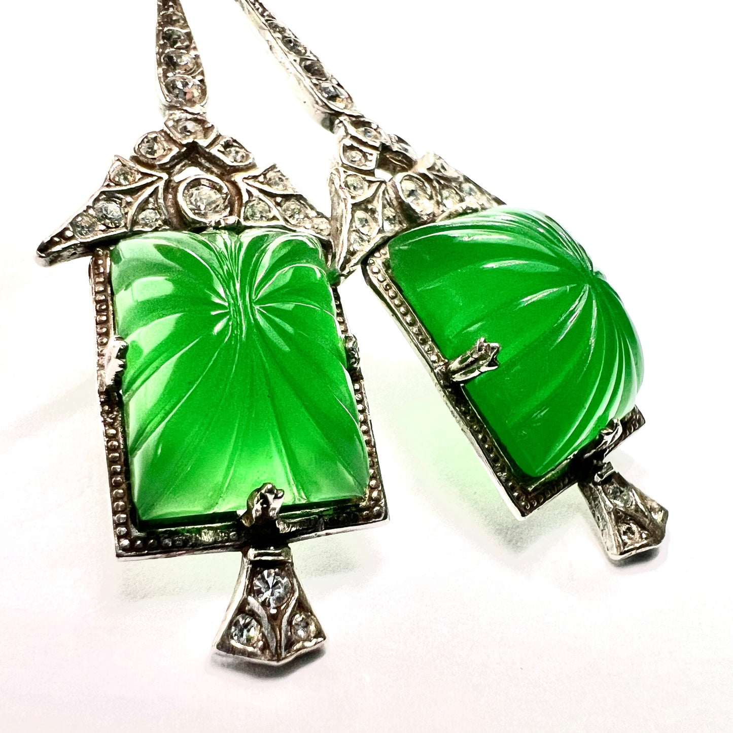 Art Deco 9CT Gold and Silver Green Pressed Glass Earrings