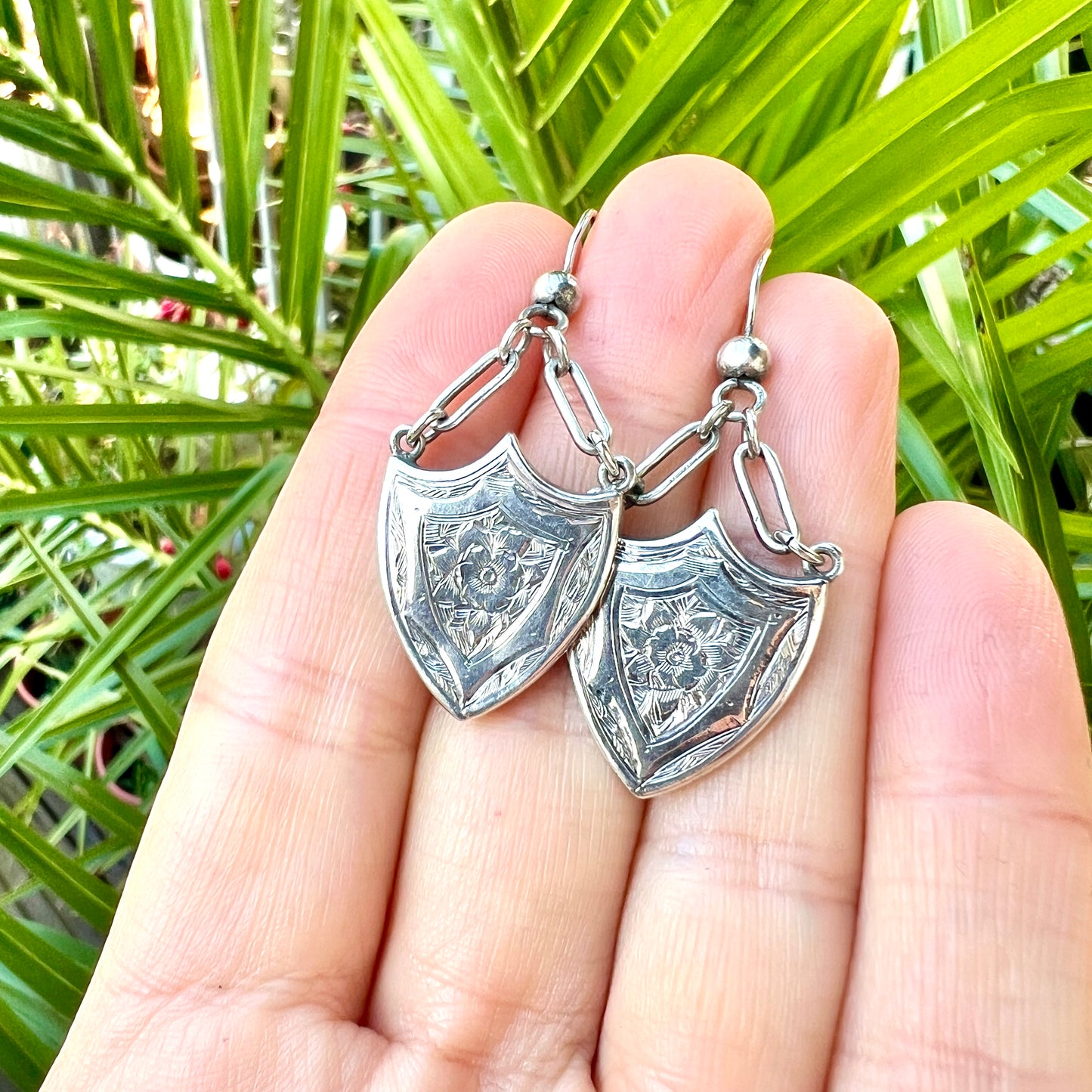Rare Large Victorian Silver Shield Drop Earrings