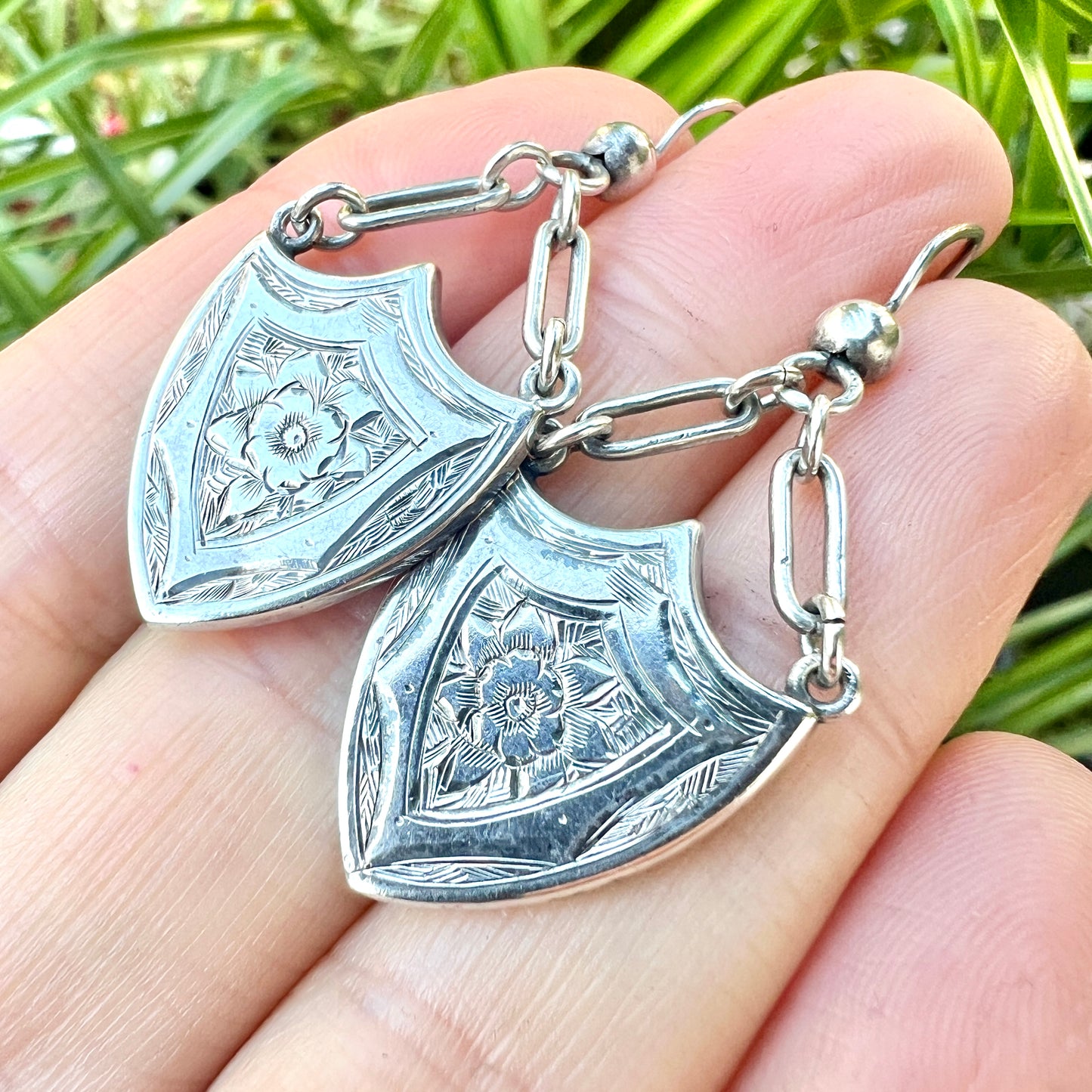 Rare Large Victorian Silver Shield Drop Earrings
