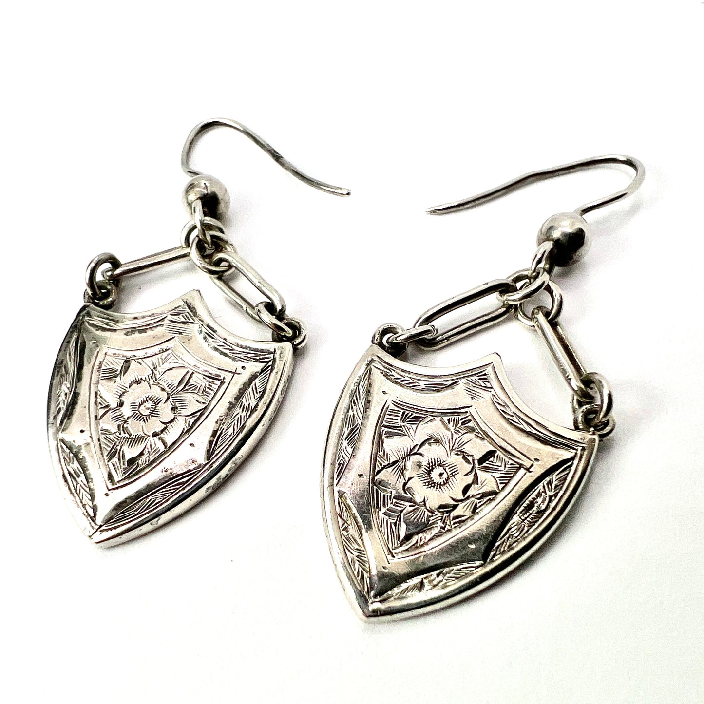 Rare Large Victorian Silver Shield Drop Earrings