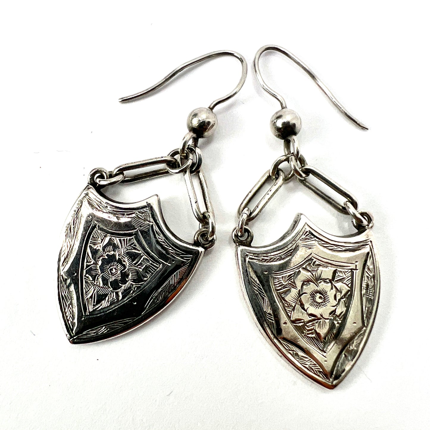Rare Large Victorian Silver Shield Drop Earrings