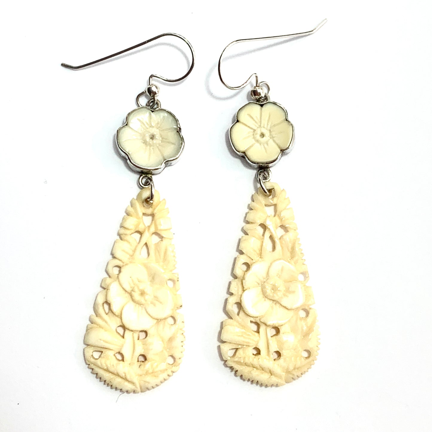 Edwardian Sterling Silver Carved Bone Flower Earrings
