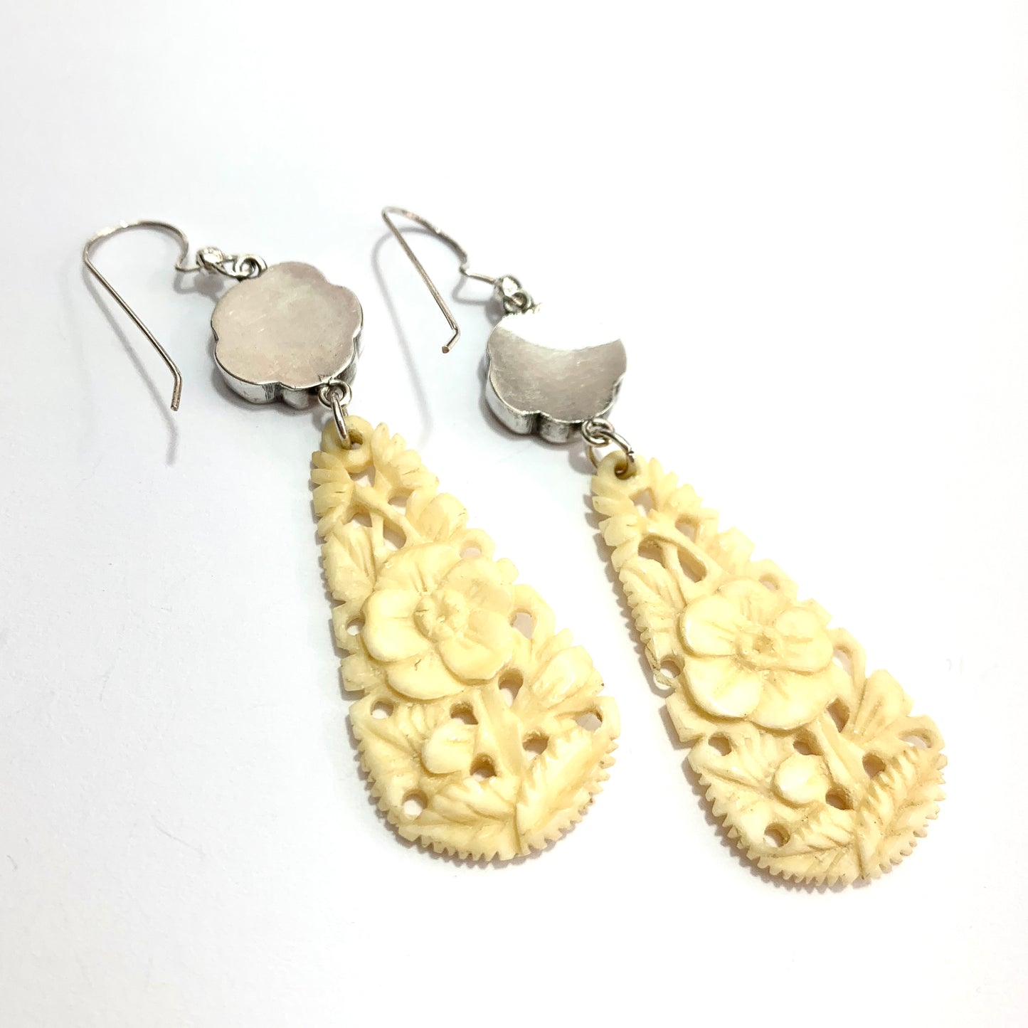 Edwardian Sterling Silver Carved Bone Flower Earrings