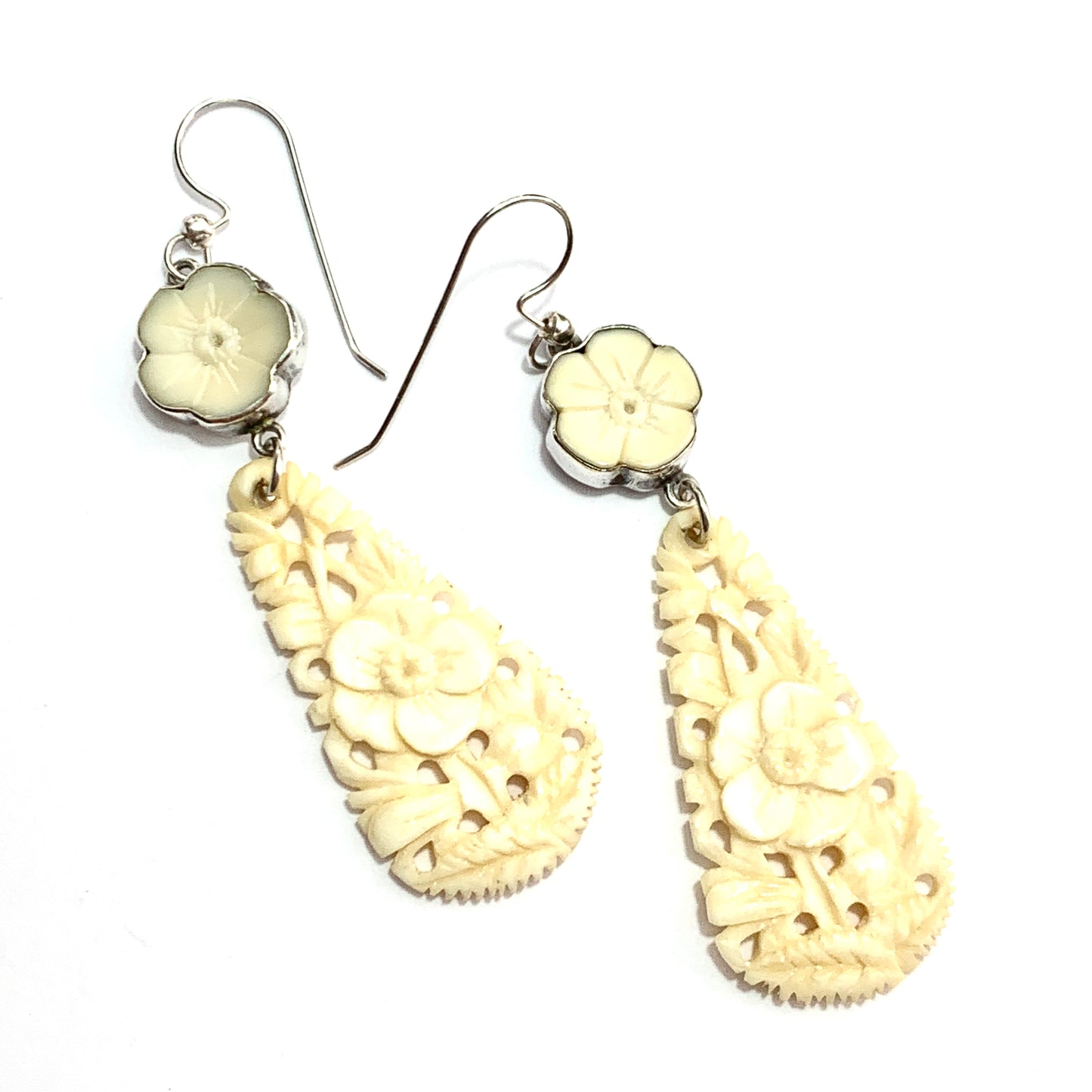 Edwardian Sterling Silver Carved Bone Flower Earrings