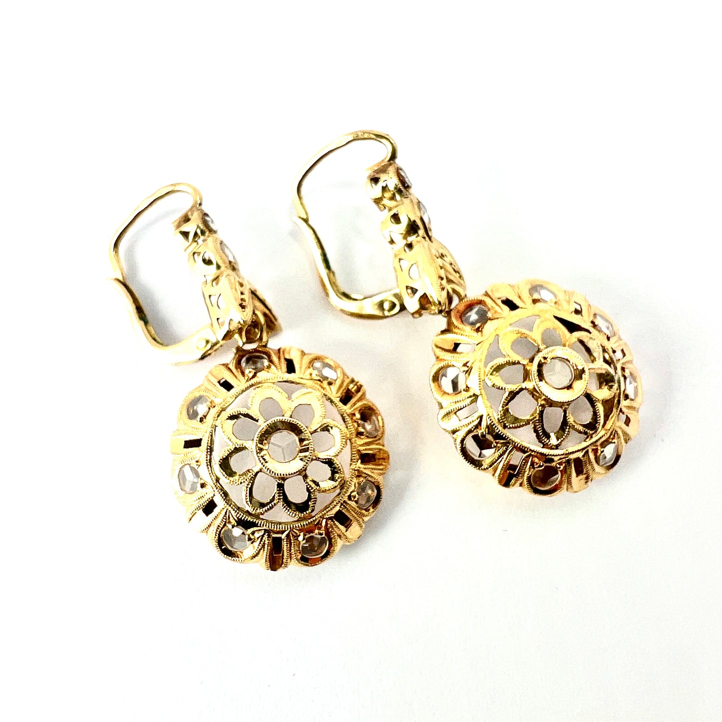 Vintage 18CT Gold Rose Cut Paste Flower Earrings