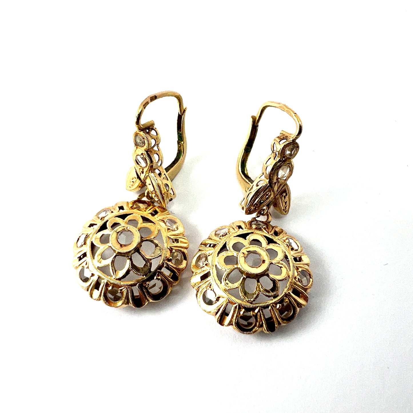 Vintage 18CT Gold Rose Cut Paste Flower Earrings