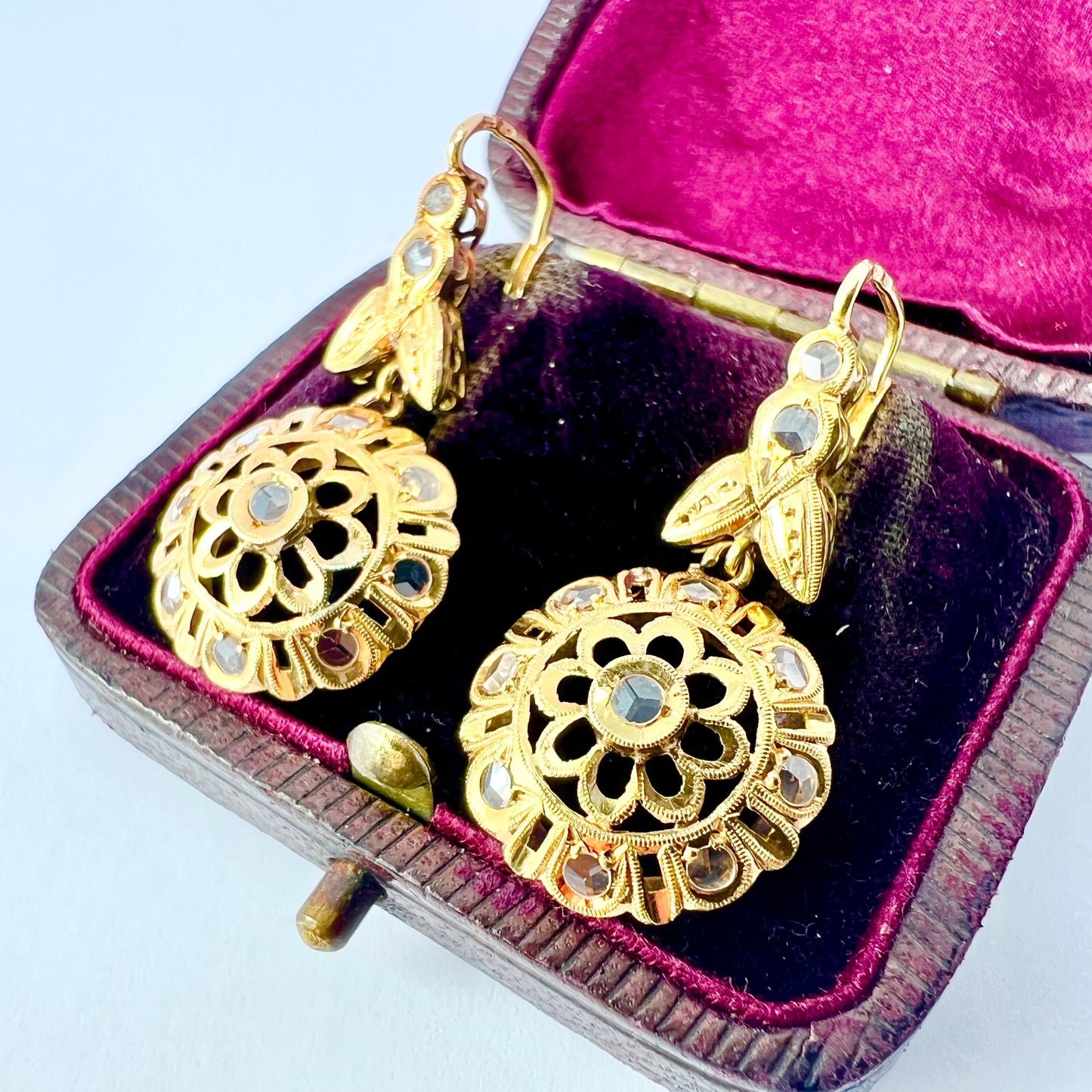Vintage 18CT Gold Rose Cut Paste Flower Earrings