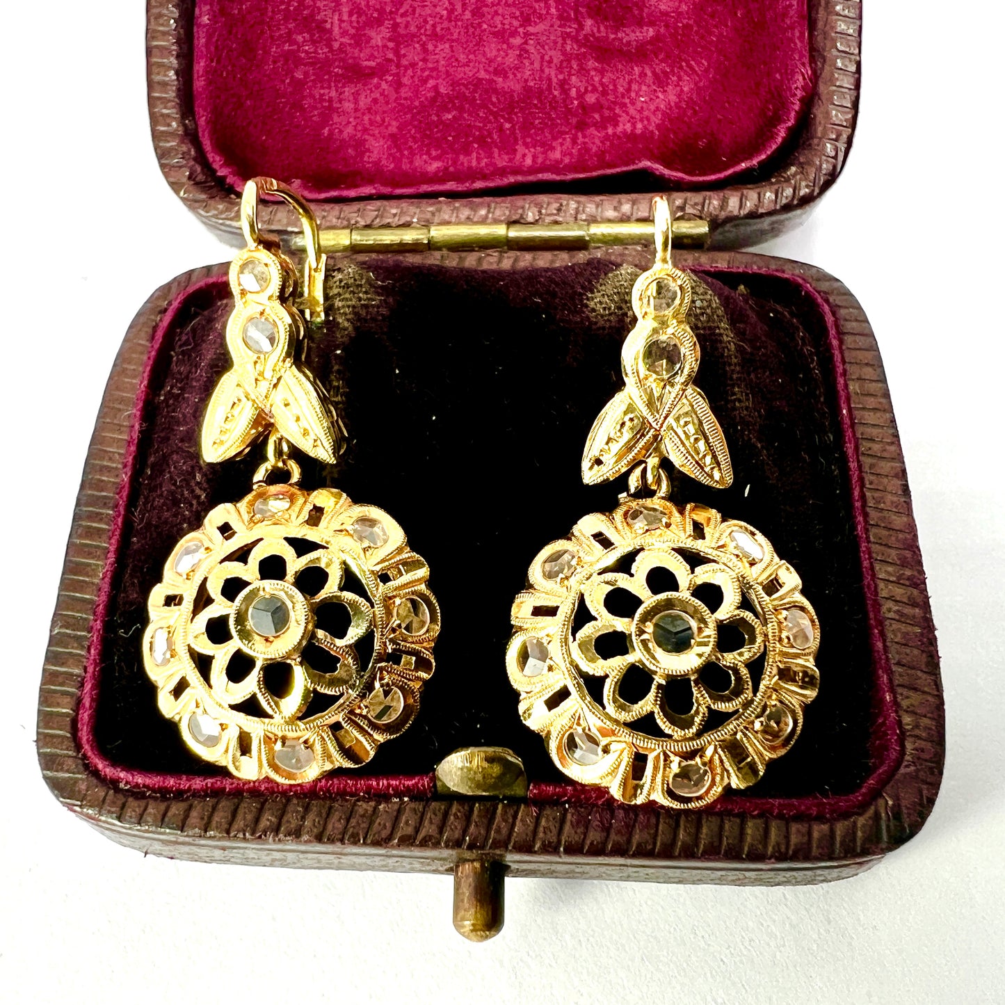 Vintage 18CT Gold Rose Cut Paste Flower Earrings