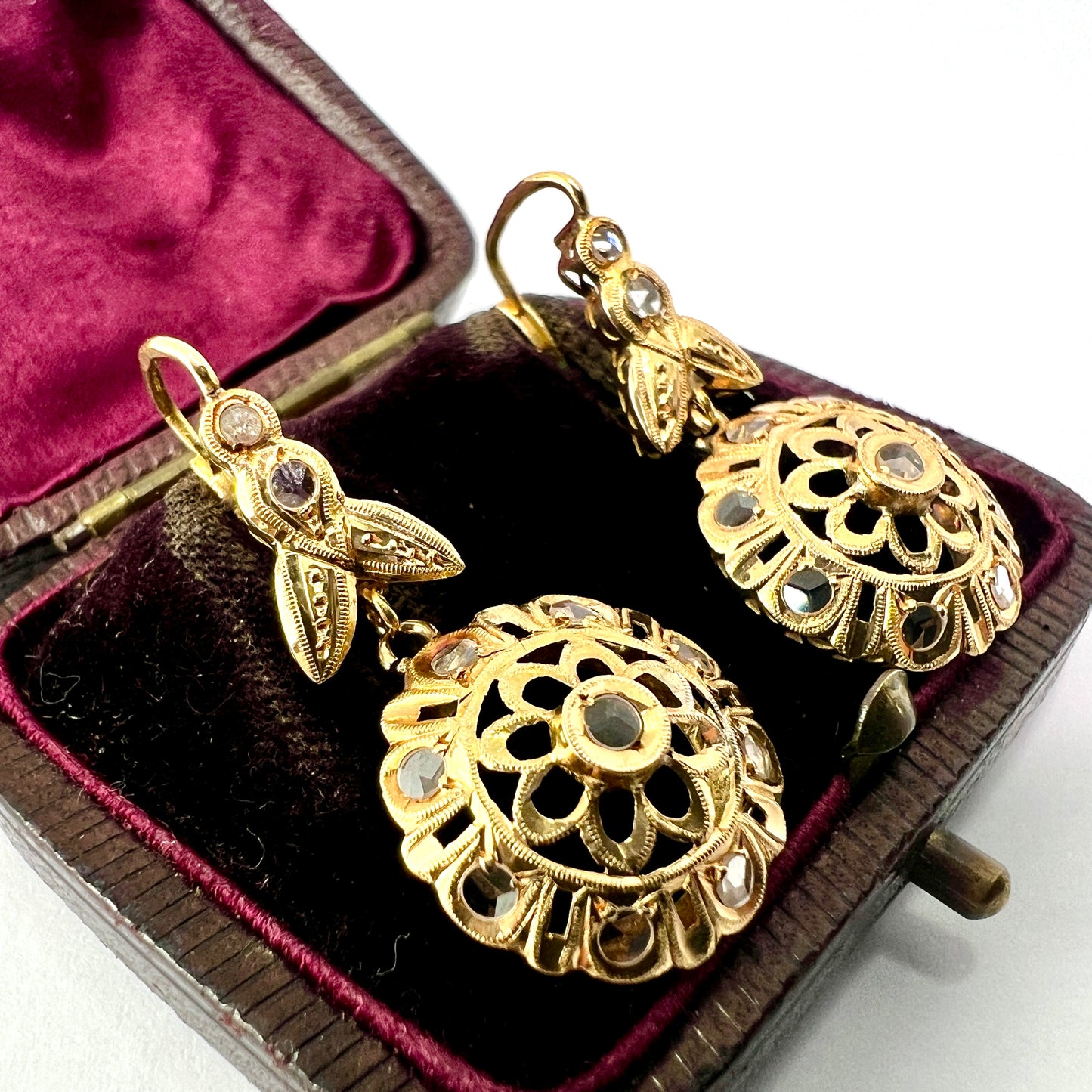 Vintage 18CT Gold Rose Cut Paste Flower Earrings