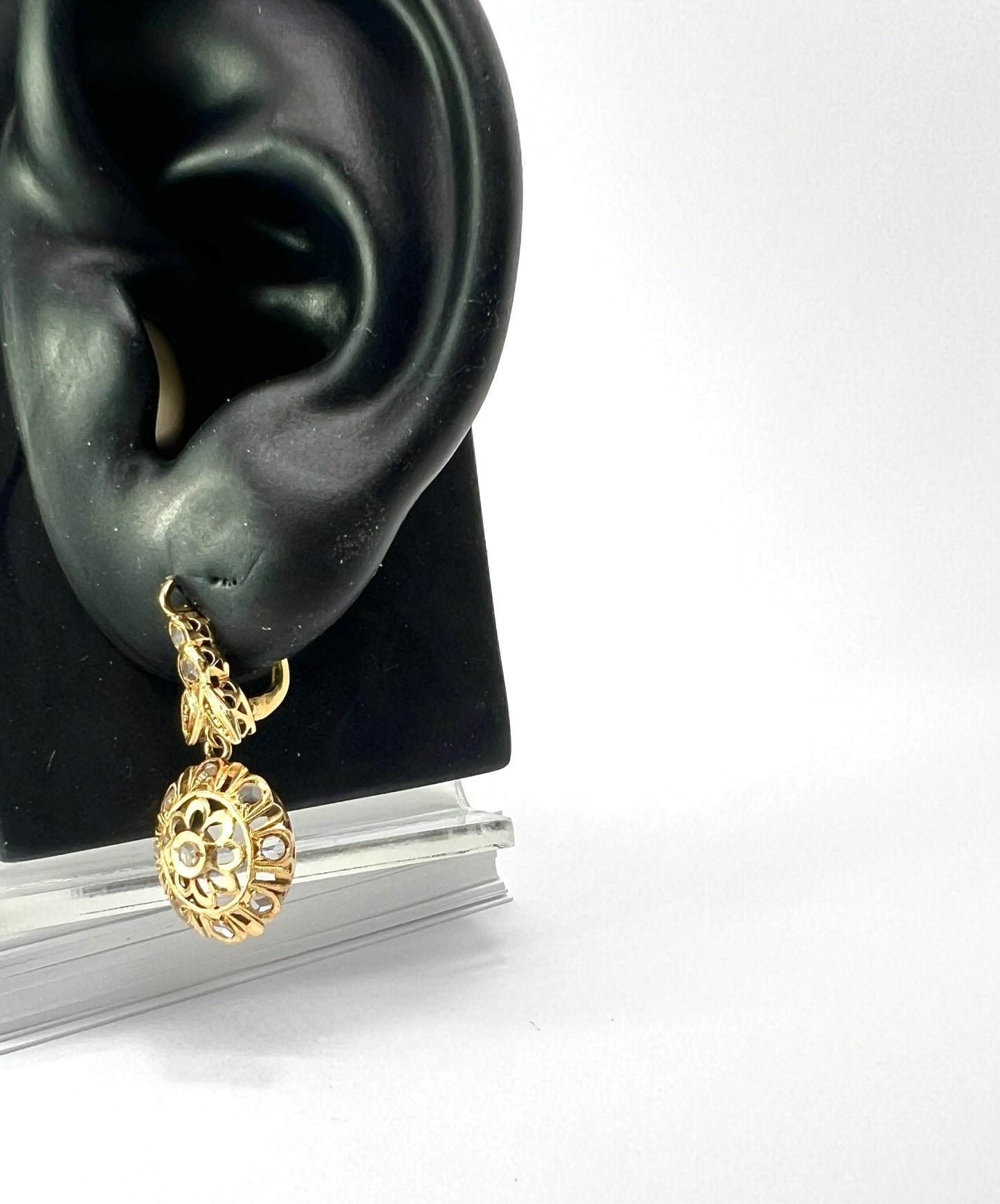 Vintage 18CT Gold Rose Cut Paste Flower Earrings