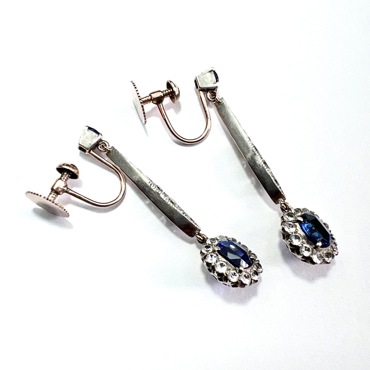Edwardian Sapphire Cluster Silver and Gold Screwback Earrings